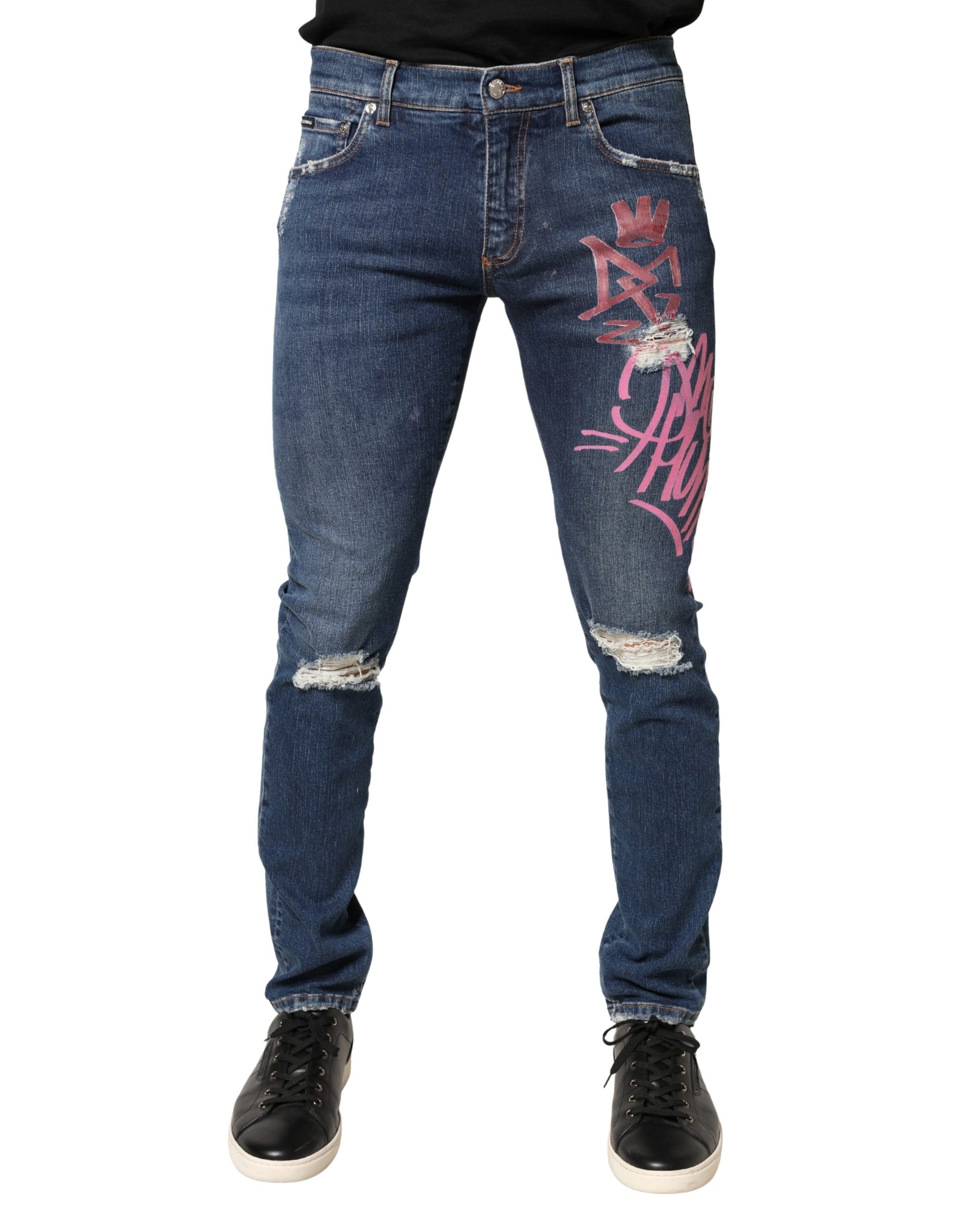 Dolce & Gabbana Blaue Skinny Jeans mit Distressed Graffiti-Print