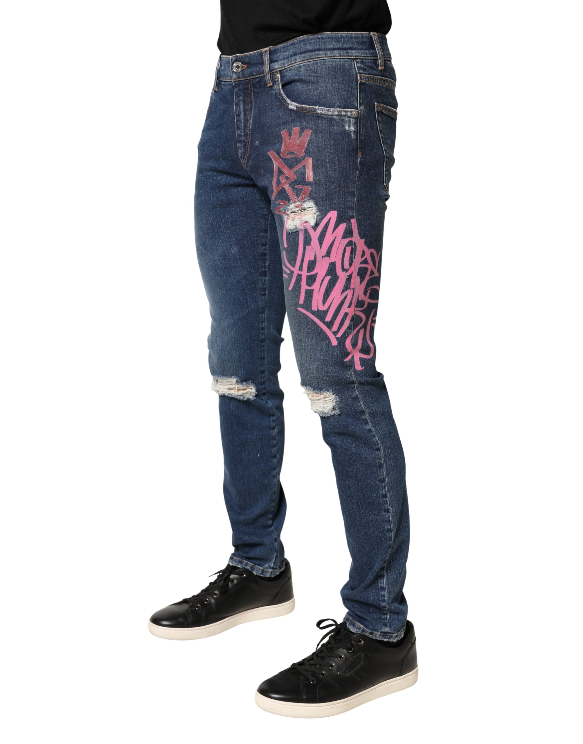Dolce & Gabbana Blaue Skinny Jeans mit Distressed Graffiti-Print