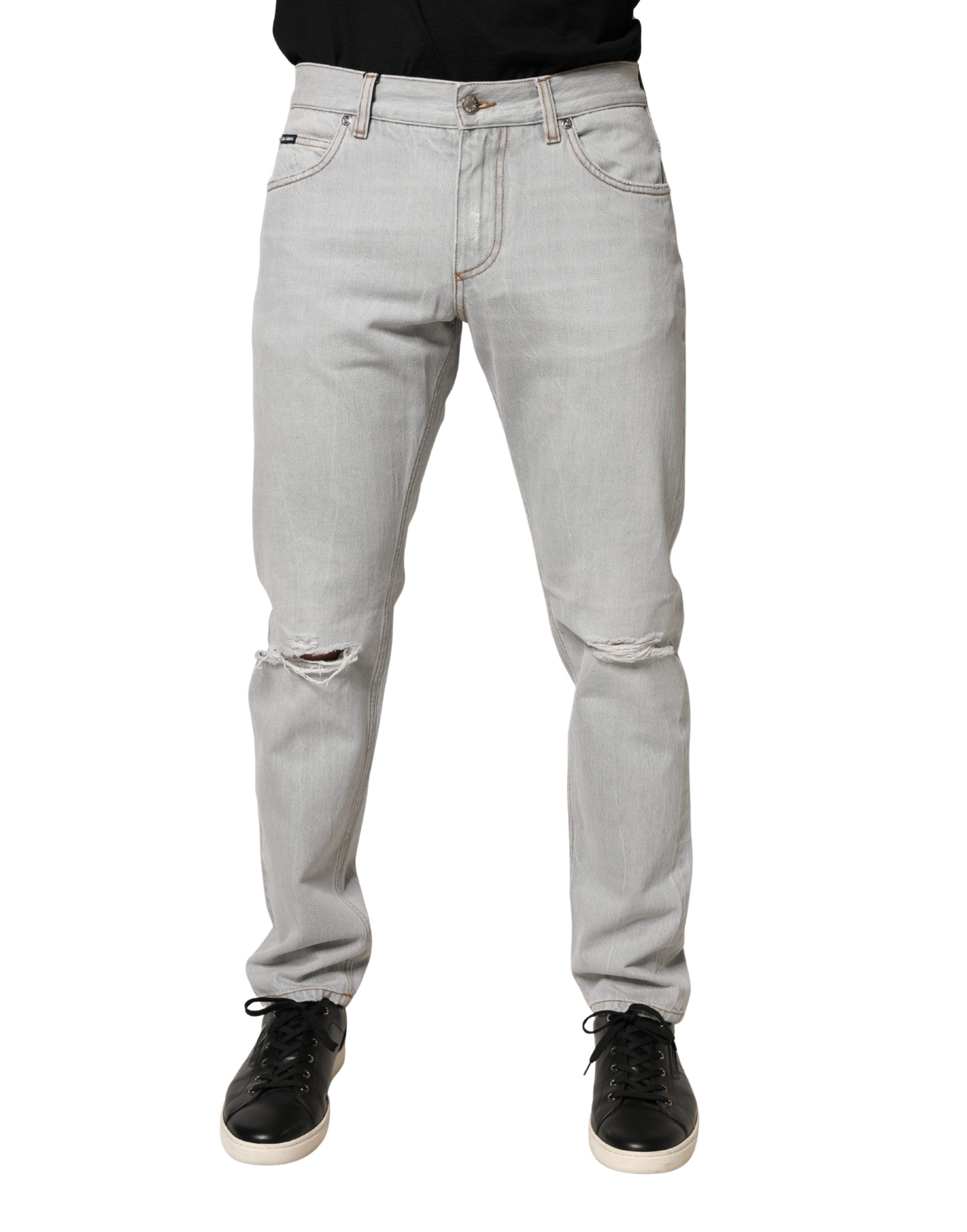 Dolce & Gabbana Hellgraue Ripped Baumwoll-Jeans im Regular Fit