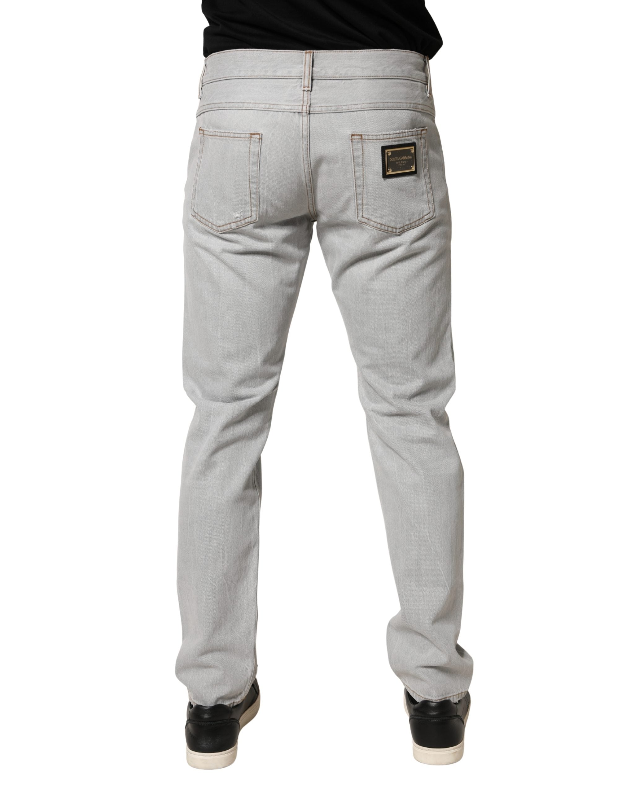 Dolce & Gabbana Hellgraue Ripped Baumwoll-Jeans im Regular Fit