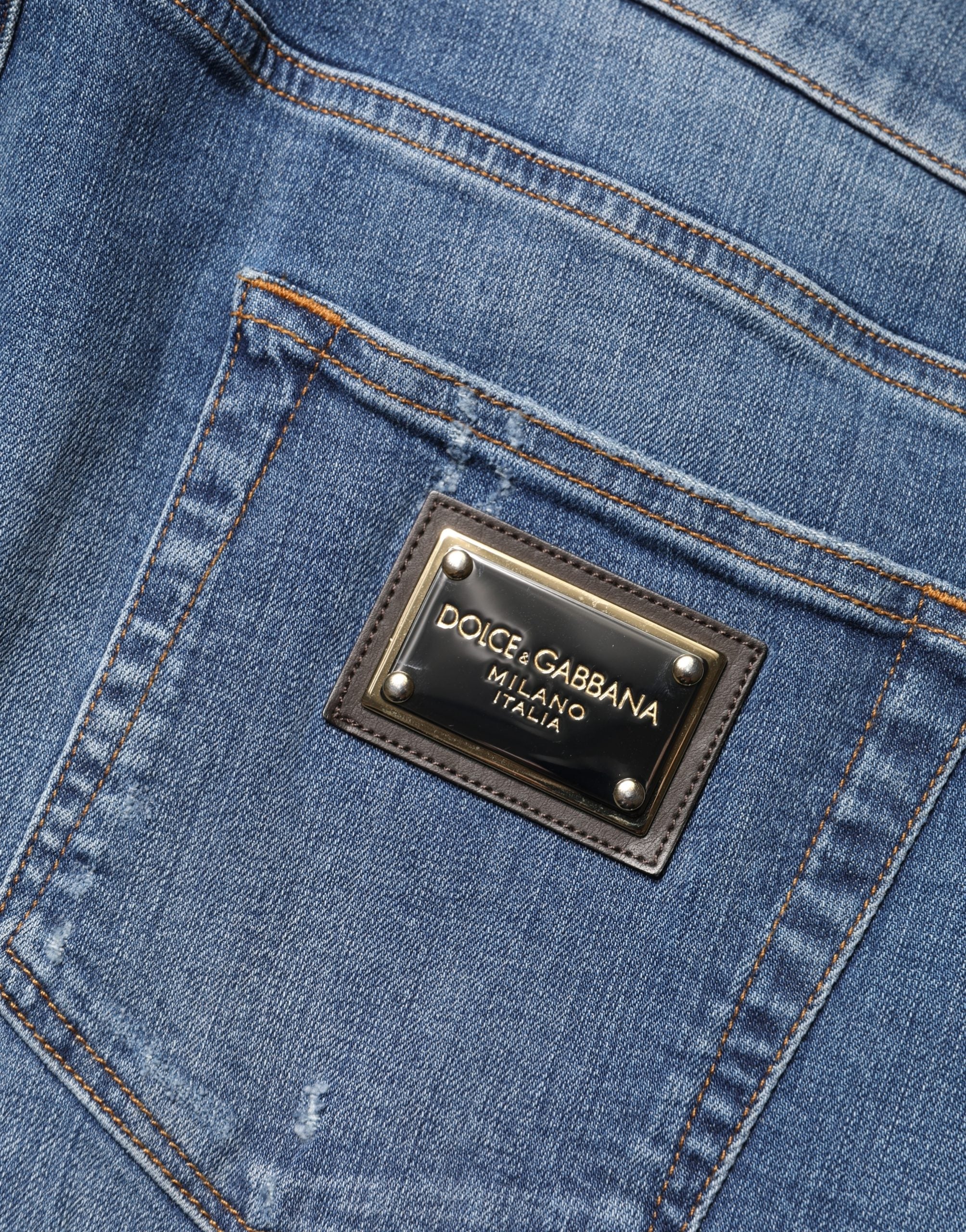 Dolce & Gabbana Blaue zerrissene Skinny Jeans aus Baumwoll-Denim