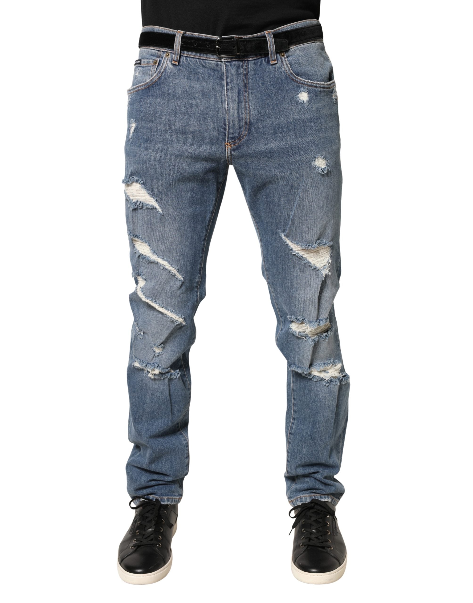 Dolce & Gabbana Blaue zerrissene Slim Fit Jeans aus Baumwolldenim