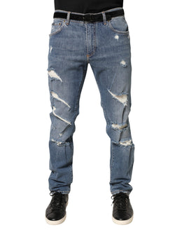 Dolce & Gabbana Blaue zerrissene Slim Fit Jeans aus Baumwolldenim
