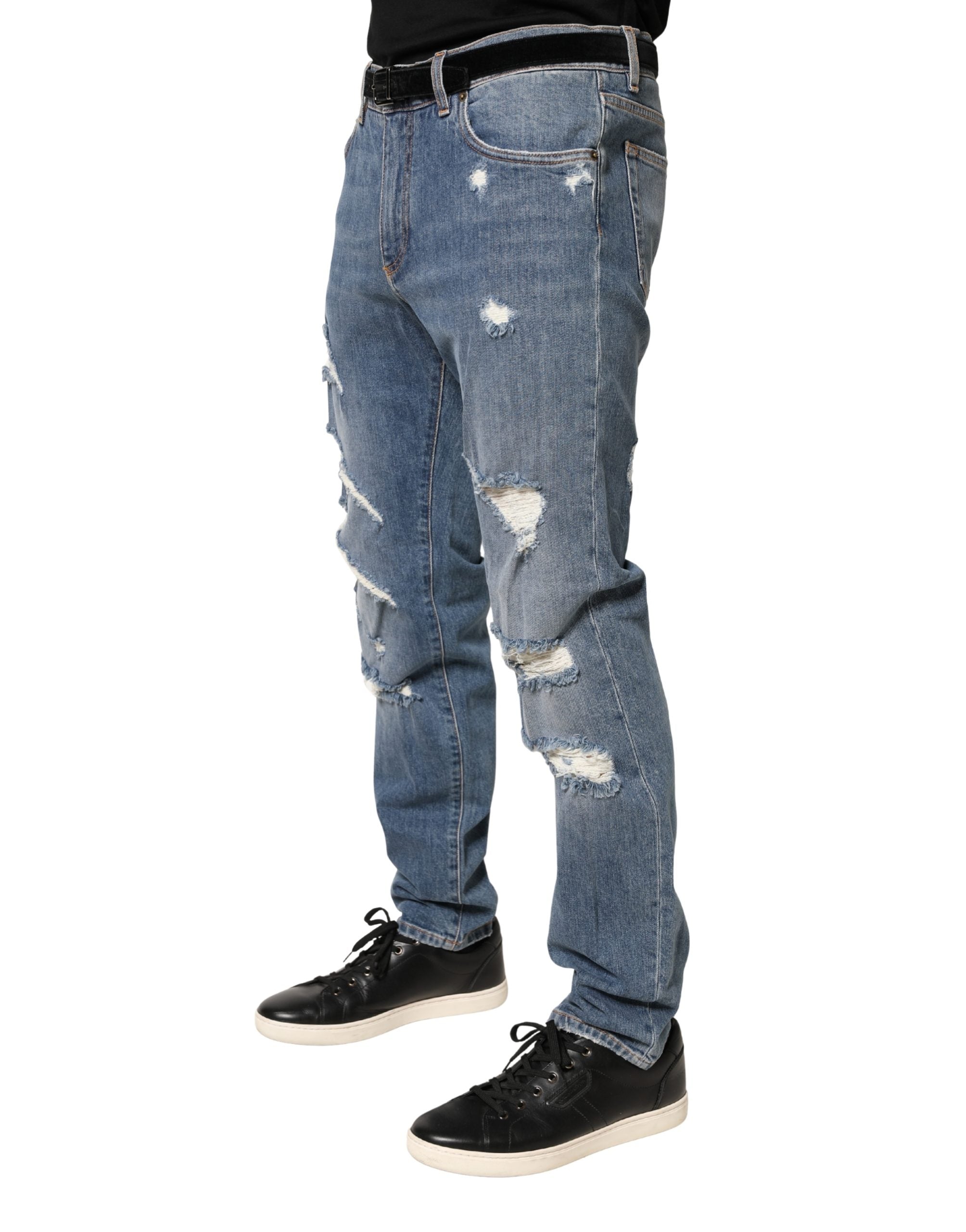 Dolce & Gabbana Blaue zerrissene Slim Fit Jeans aus Baumwolldenim