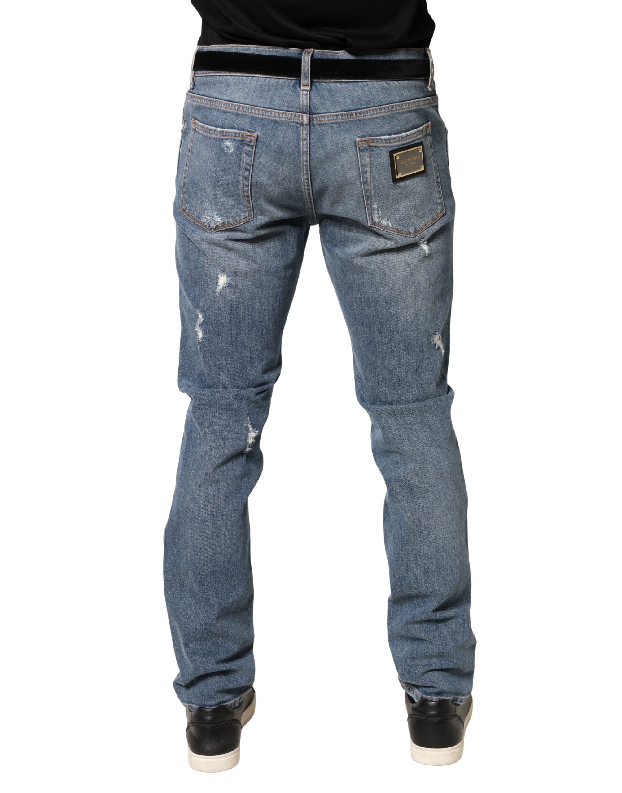 Dolce & Gabbana Blaue zerrissene Slim Fit Jeans aus Baumwolldenim