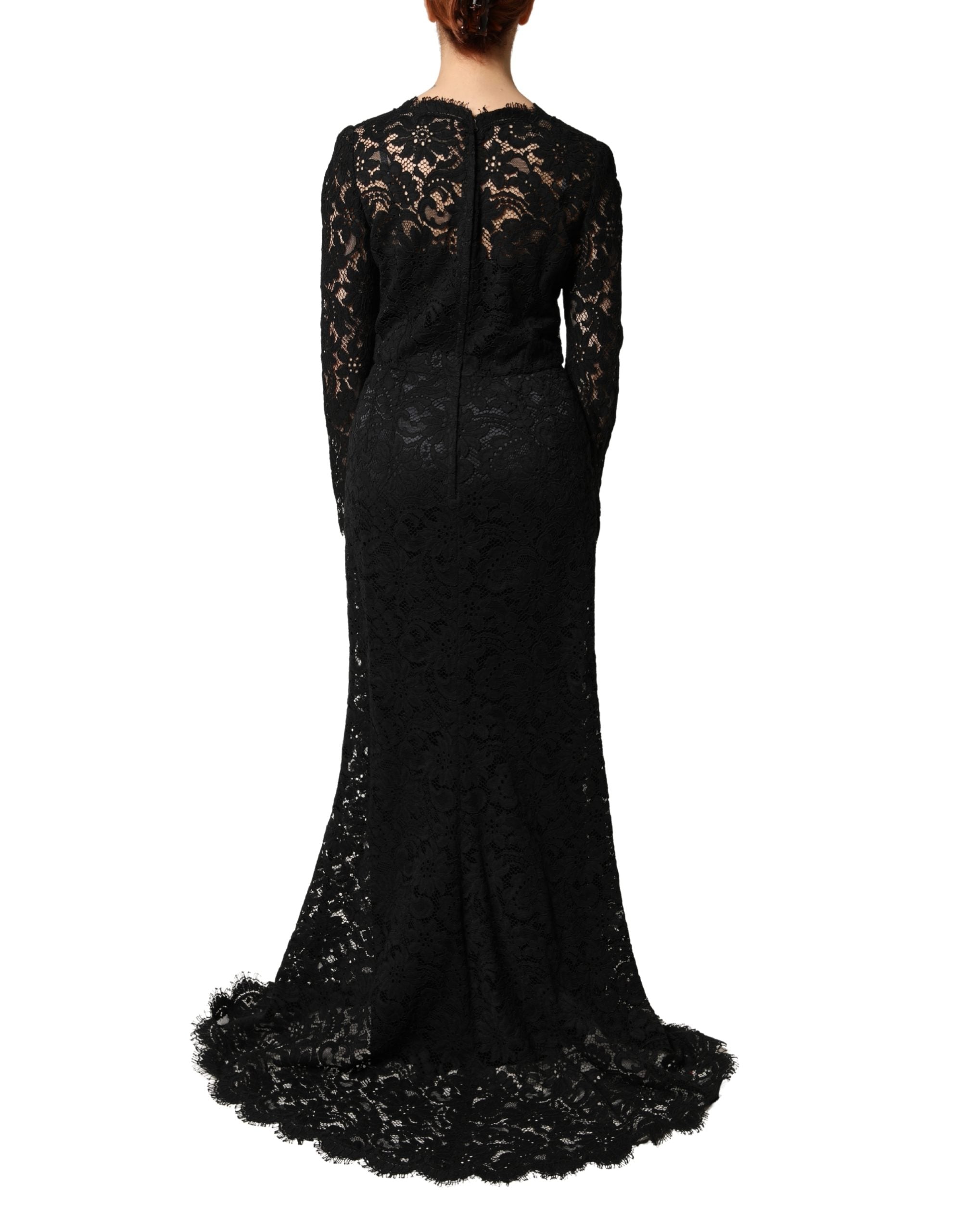 Dolce & Gabbana Schwarzes Maxikleid aus Baumwolle mit Spitzenbesatz und langen Ärmeln