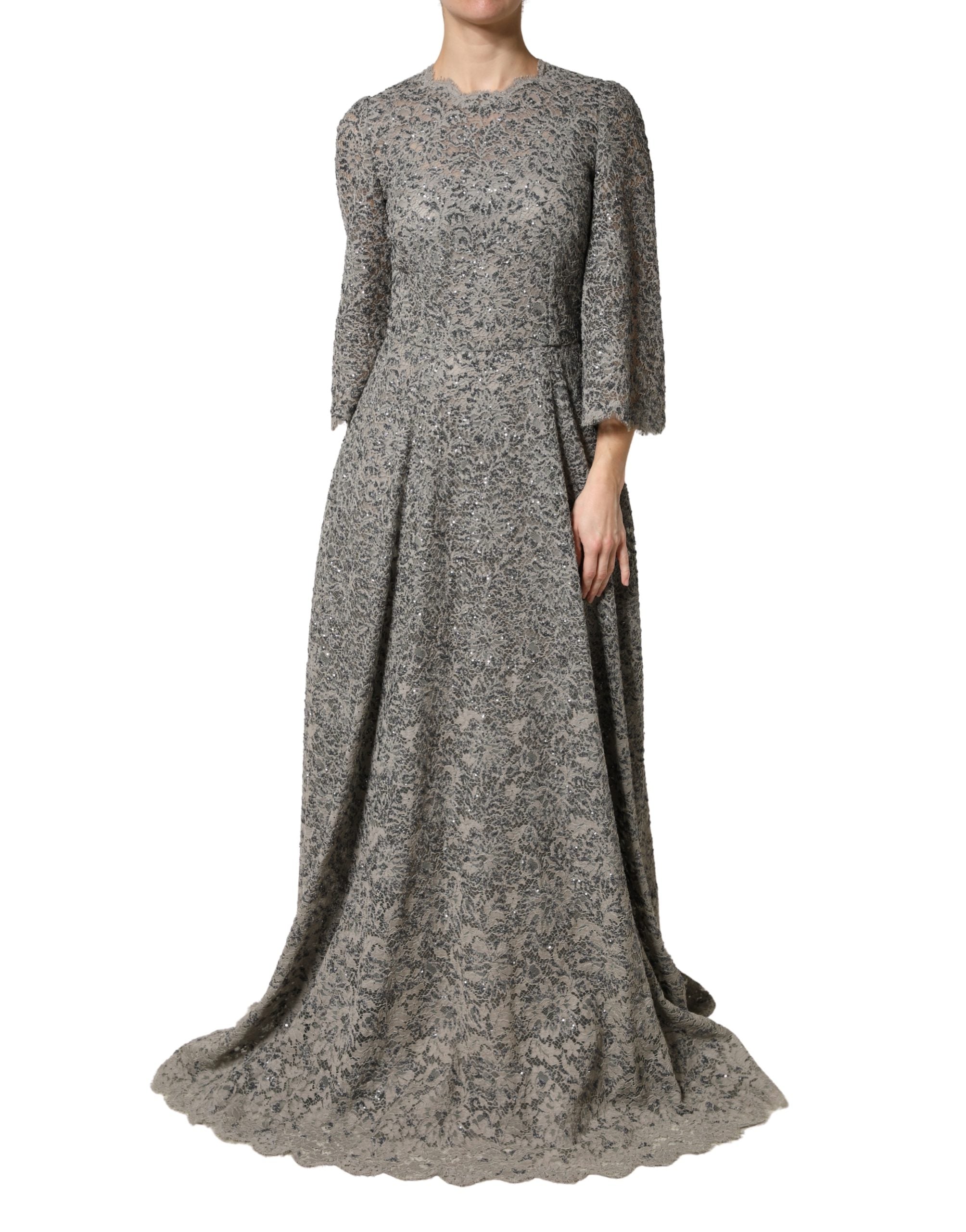 Dolce & Gabbana Graues Maxikleid aus Baumwolle mit Spitzenbesatz und langen Ärmeln