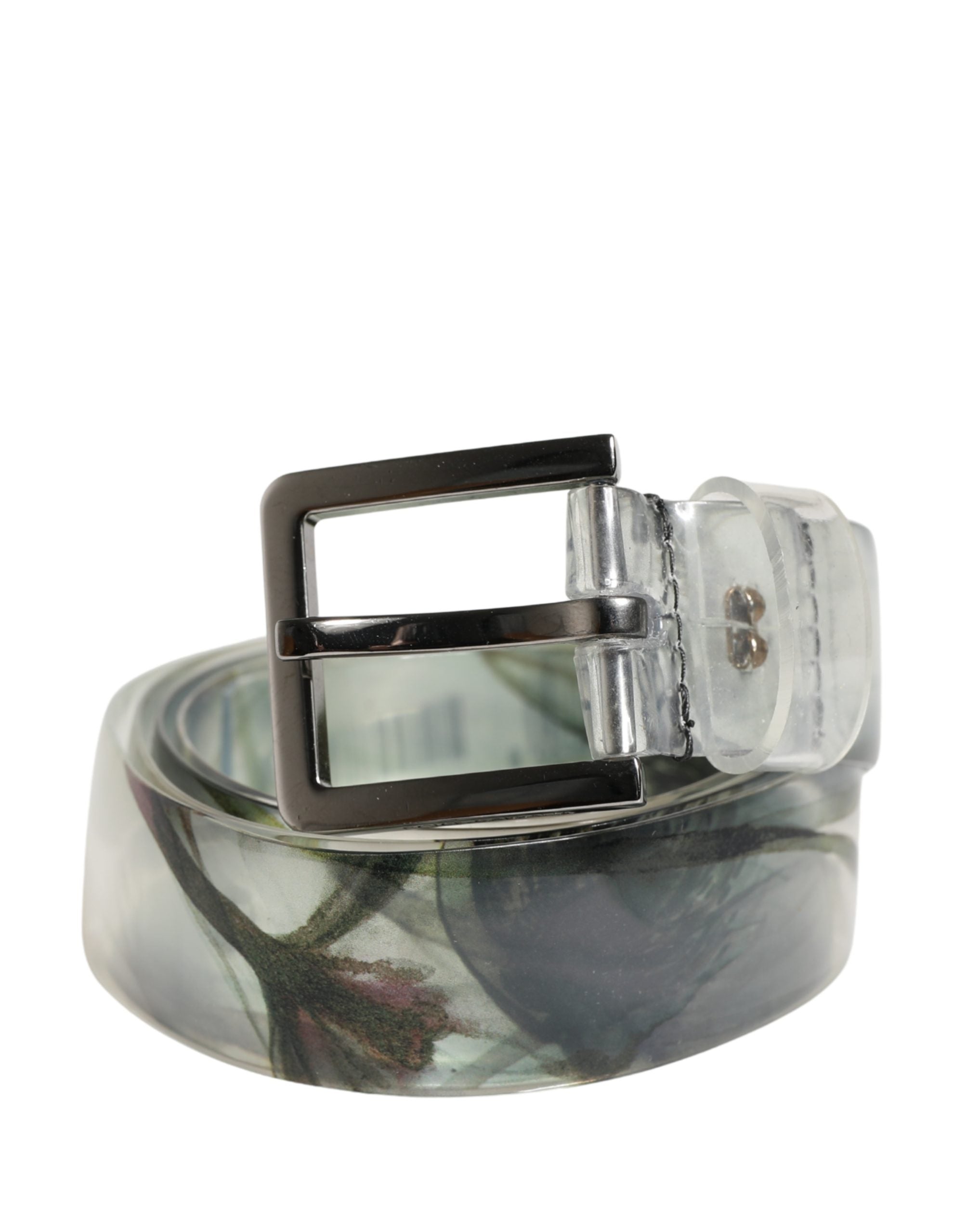 Dolce & Gabbana Herren Gürtel mit weißer floraler PVC-Prägung und silberner Metallschnalle