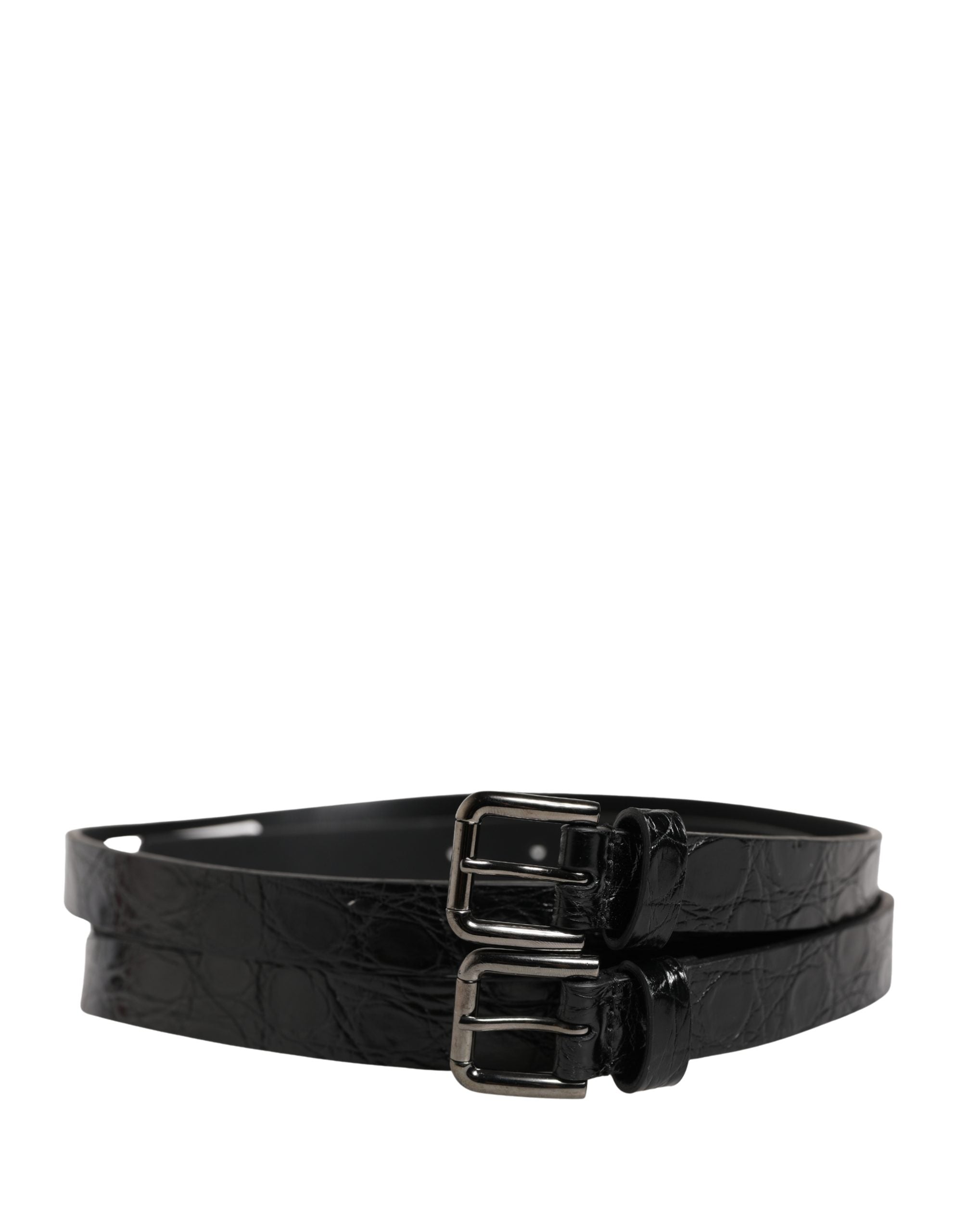 Dolce & Gabbana Schwarzer Ledergürtel mit Doppelriemen und silberner Schnalle