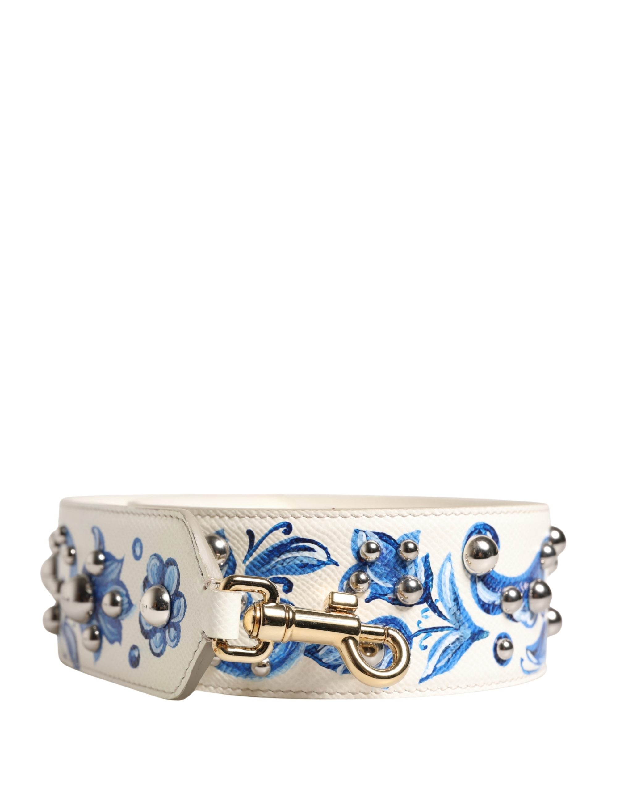 Dolce & Gabbana Schulterriemen aus weißem Leder mit blauem Blumenmuster und Nieten