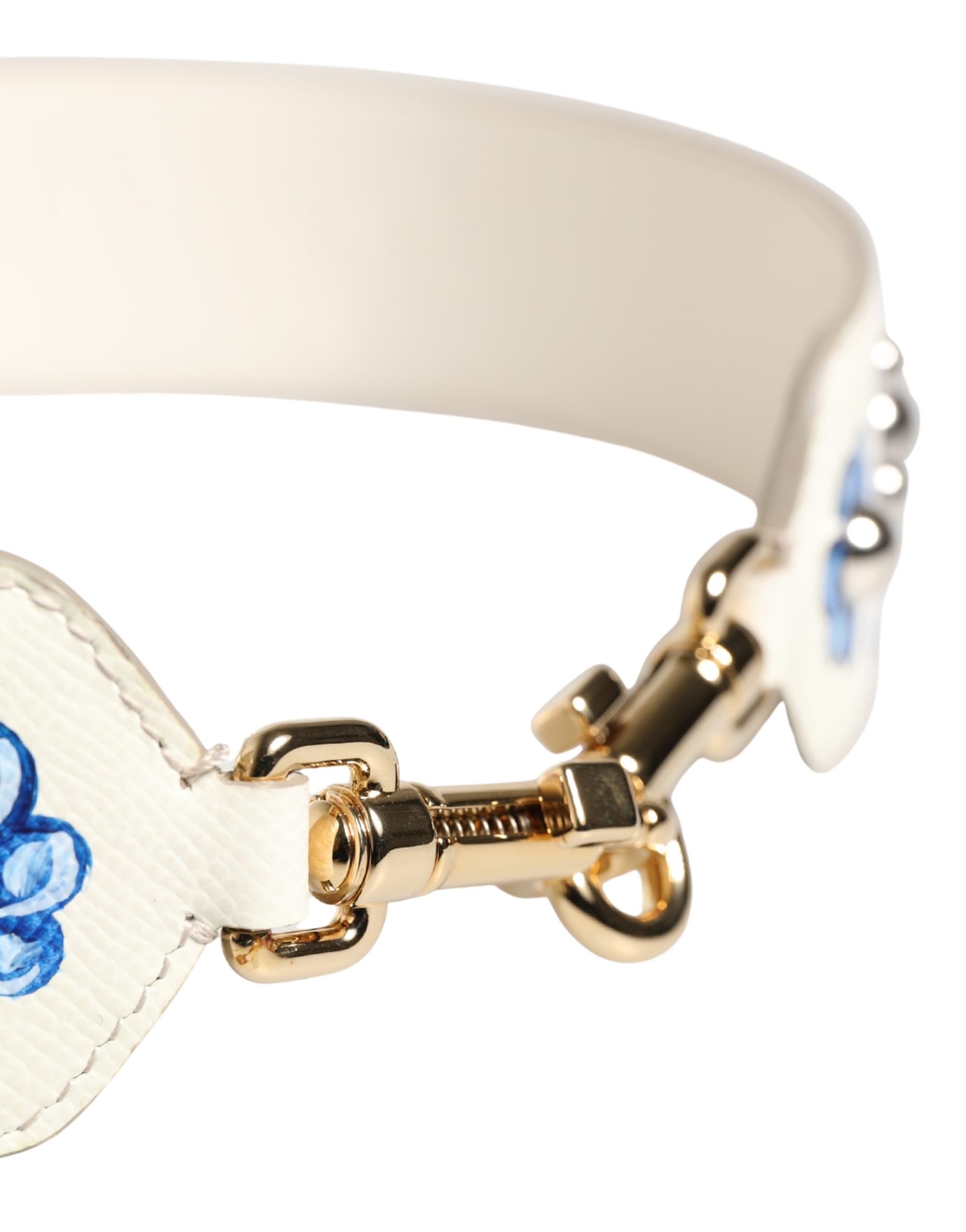 Dolce & Gabbana Schulterriemen aus weißem Leder mit blauem Blumenmuster und Nieten