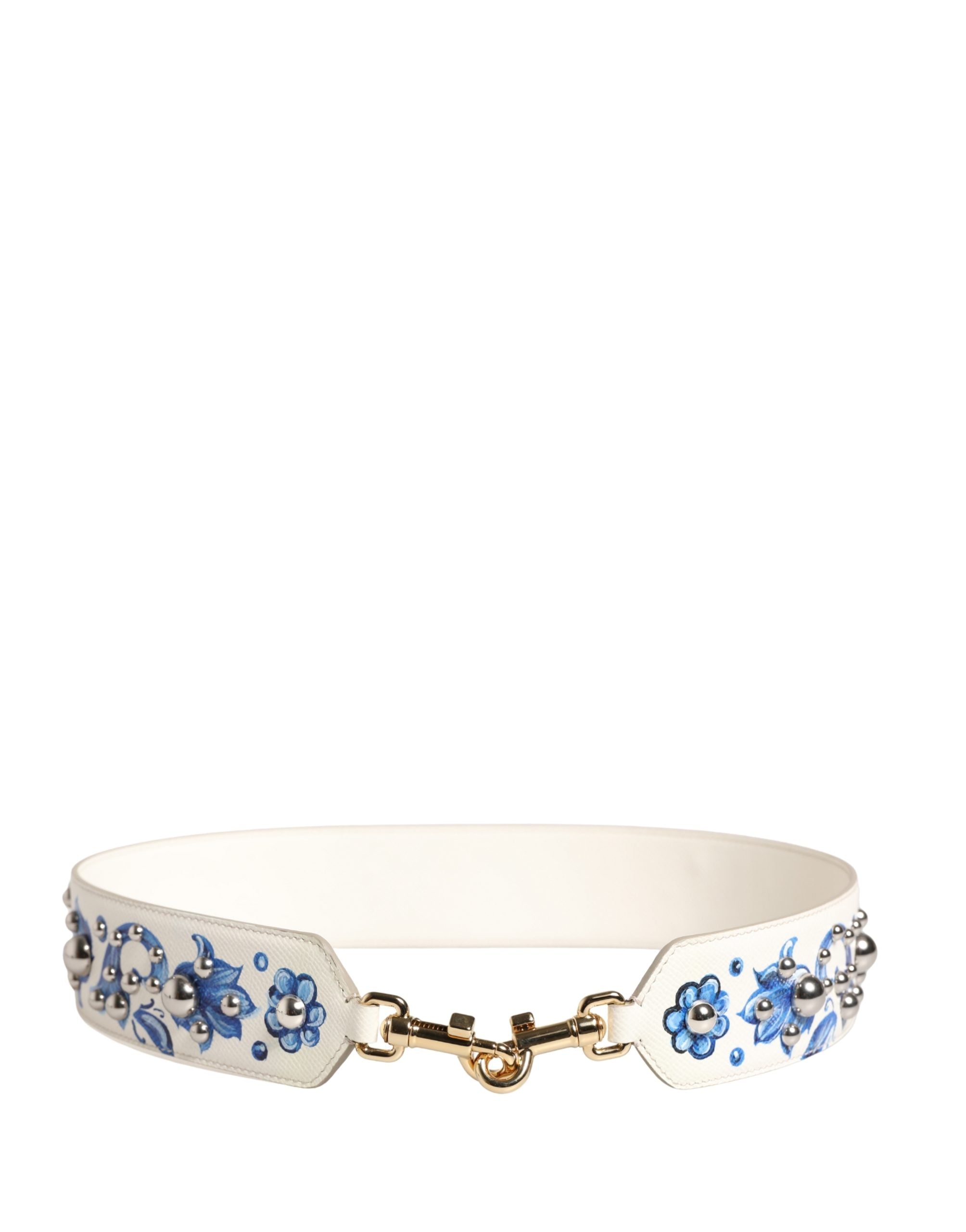 Dolce & Gabbana Schulterriemen aus weißem Leder mit blauem Blumenmuster und Nieten