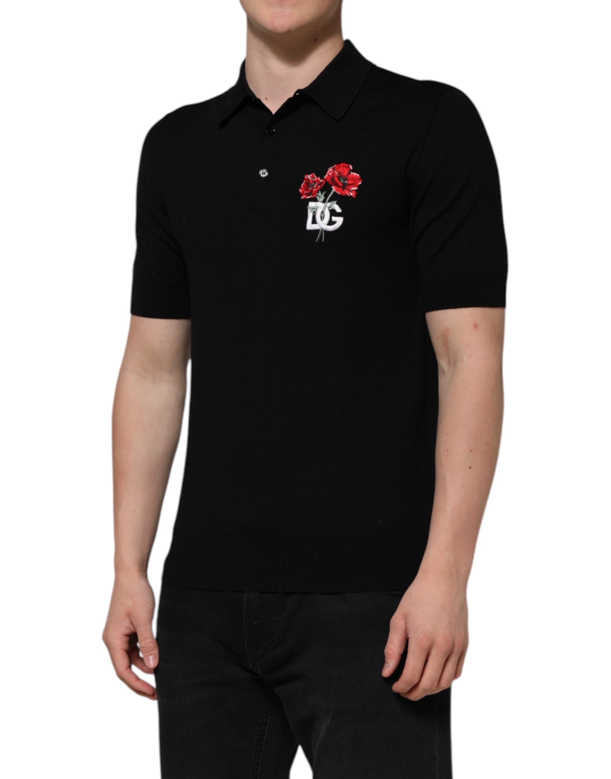 Dolce & Gabbana Schwarzes Woll-T-Shirt mit Blumen-Logo und kurzen Ärmeln