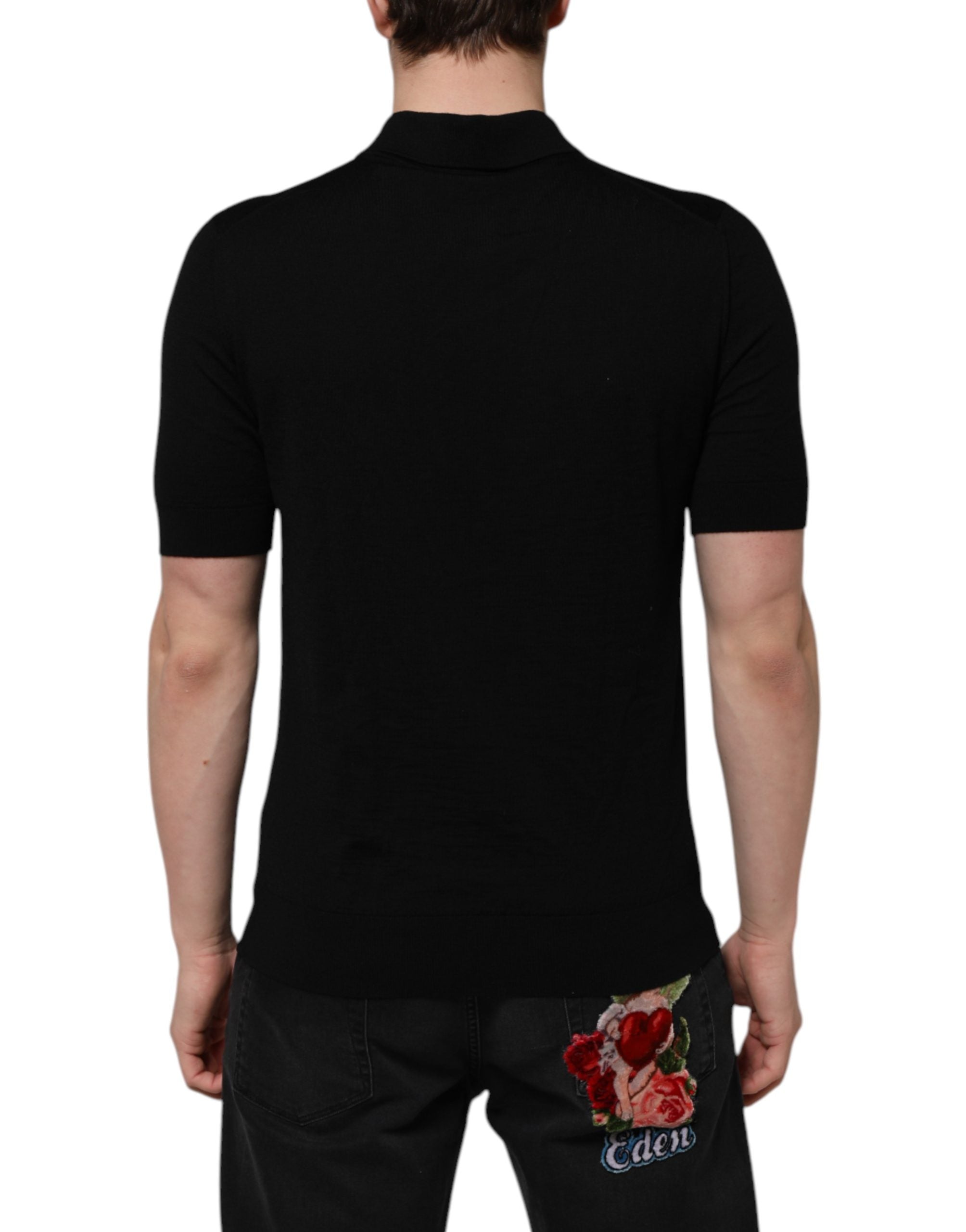 Dolce & Gabbana Schwarzes Woll-T-Shirt mit Blumen-Logo und kurzen Ärmeln