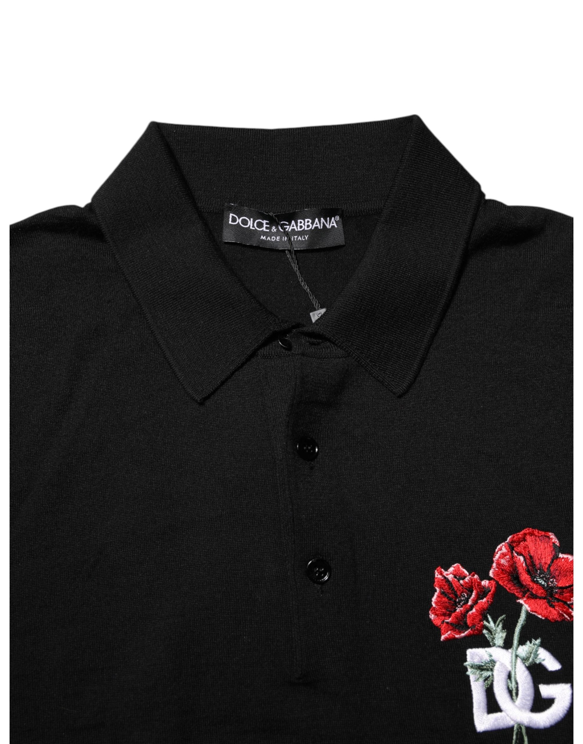 Dolce & Gabbana Schwarzes Woll-T-Shirt mit Blumen-Logo und kurzen Ärmeln