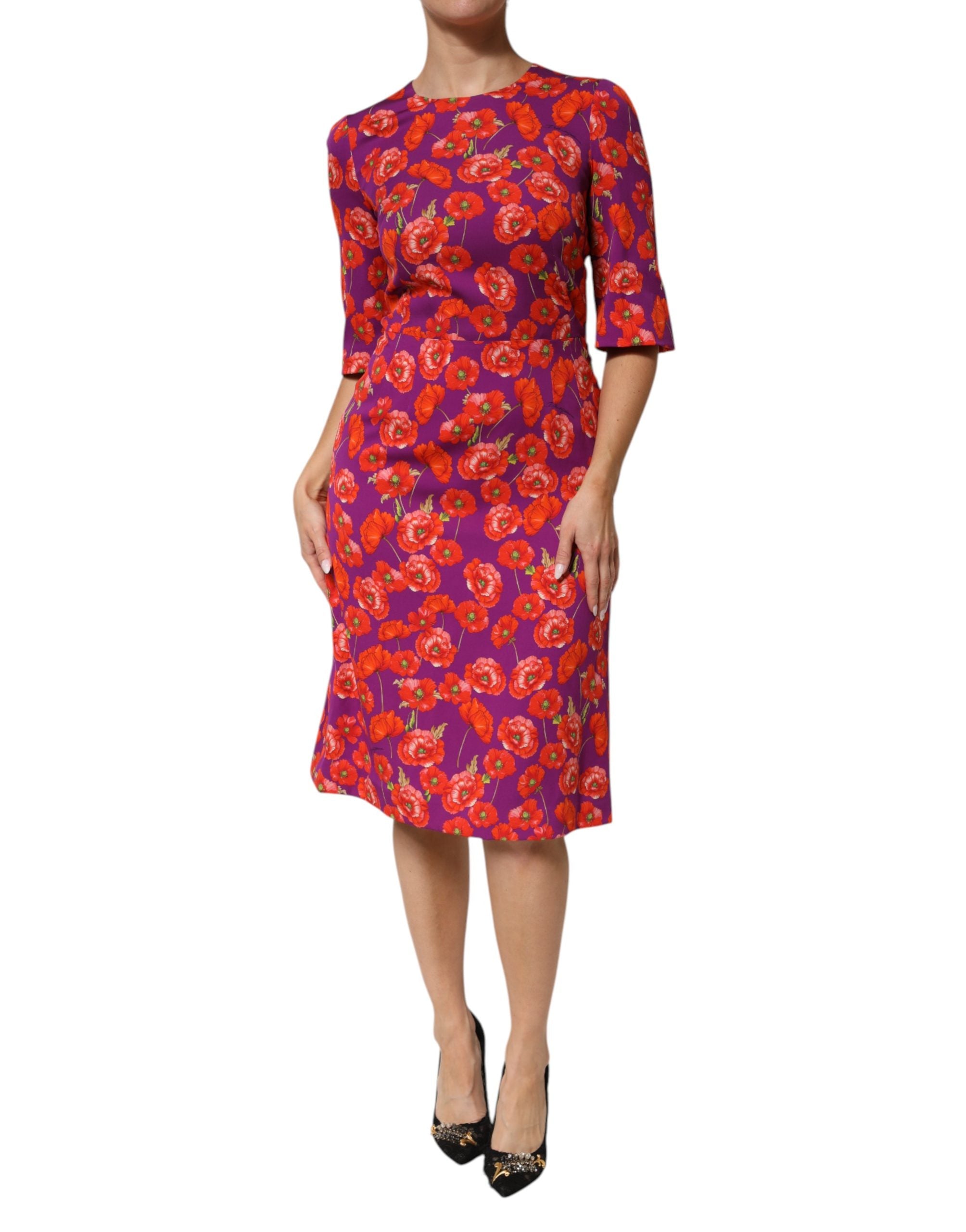 Dolce & Gabbana Lila Seidenkleid mit Blumenprint, Midi-Länge