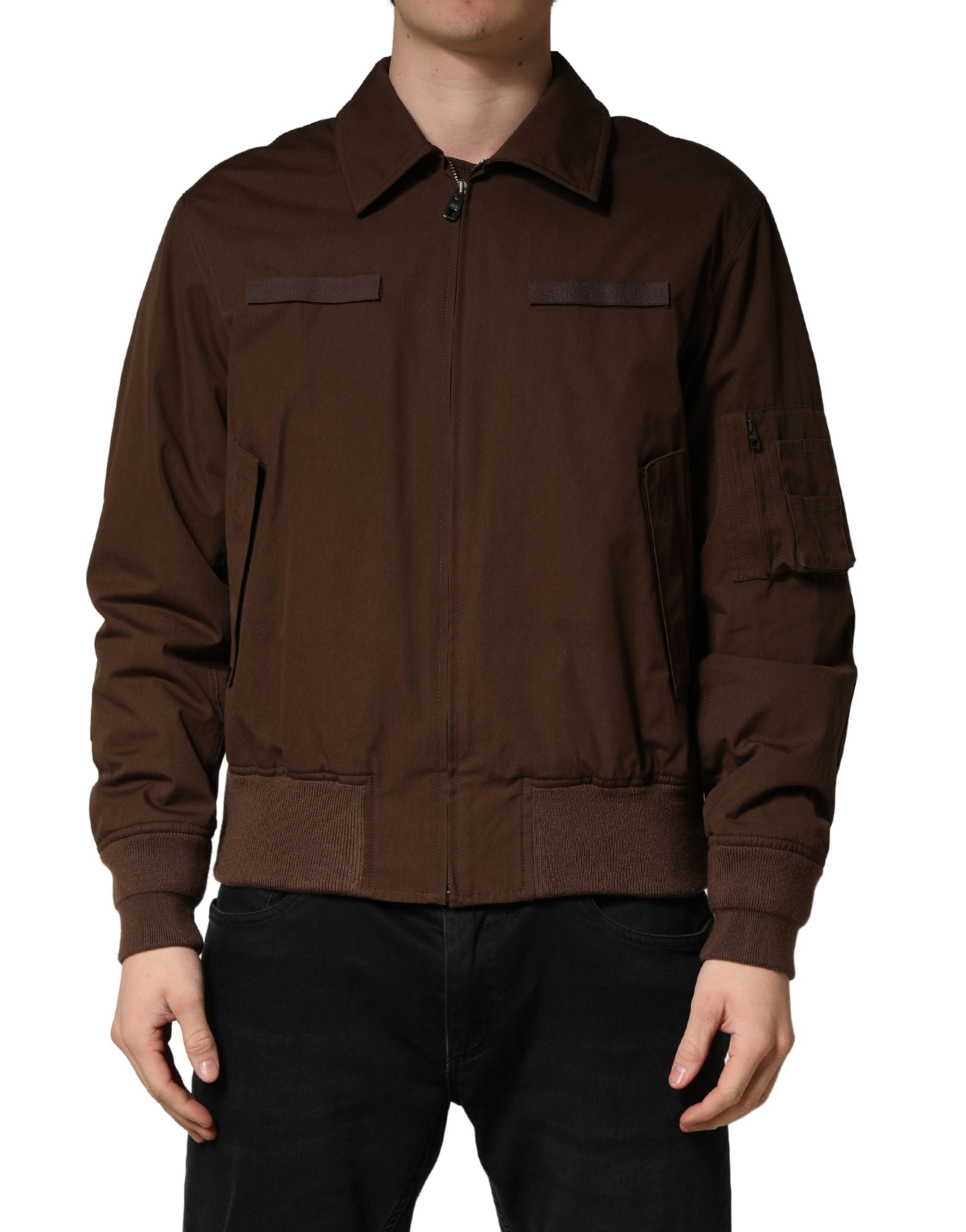 Dolce & Gabbana Braune Baumwoll-Stretch-Bomberjacke mit durchgehendem Reißverschluss