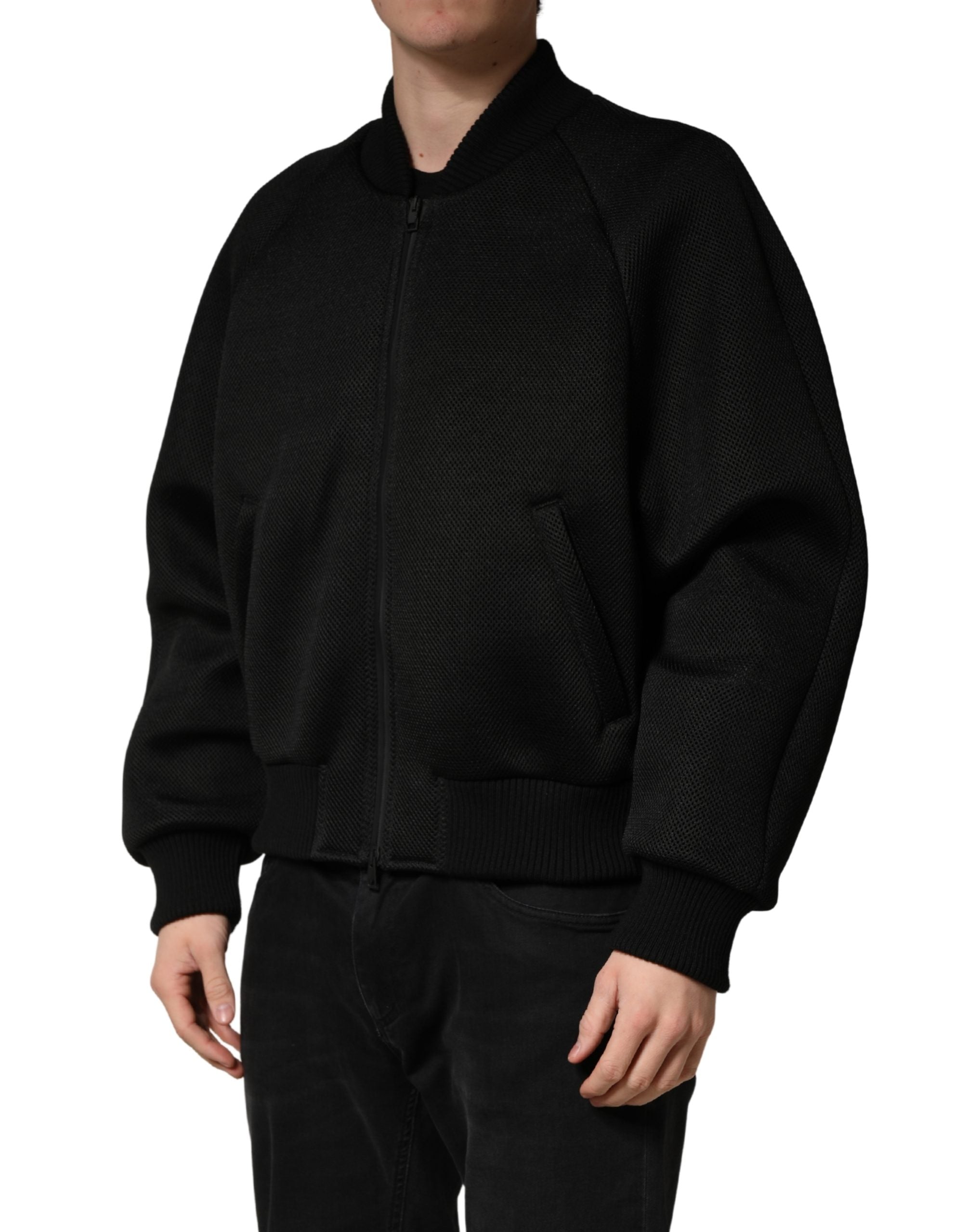 Dolce & Gabbana Herren Schwarze Nylon Bomberjacke mit durchgehendem Reißverschluss