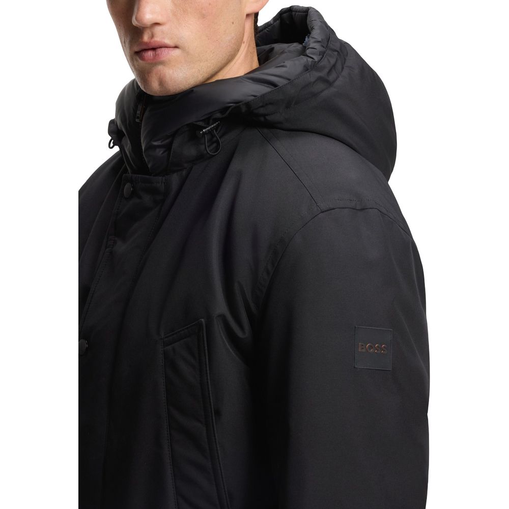 Hugo Boss Schwarze Polyester-Jacke in voller Länge