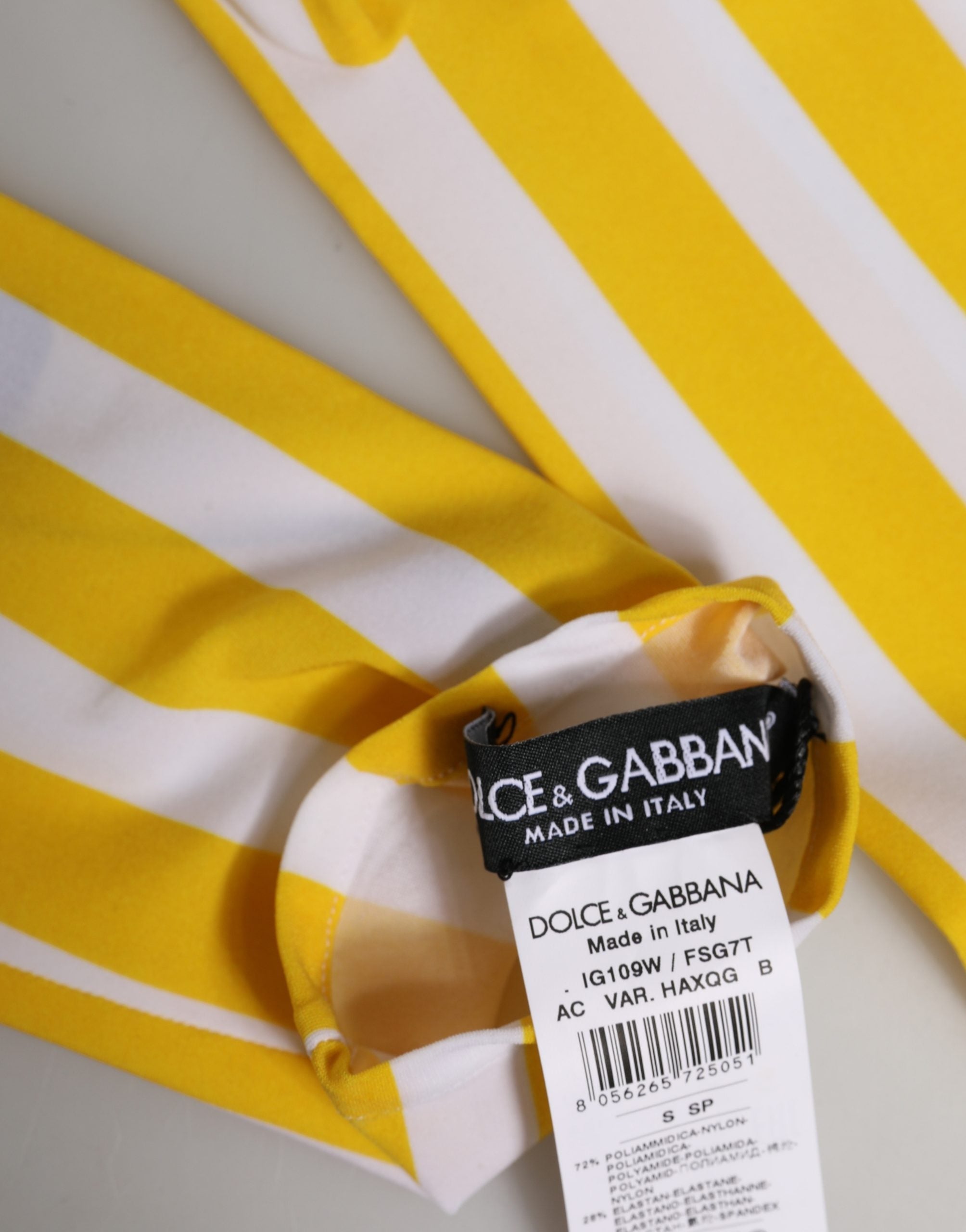 Dolce & Gabbana Damenhandschuhe aus Nylon in Gelb-Weiß-Streifen, Ellbogenlänge