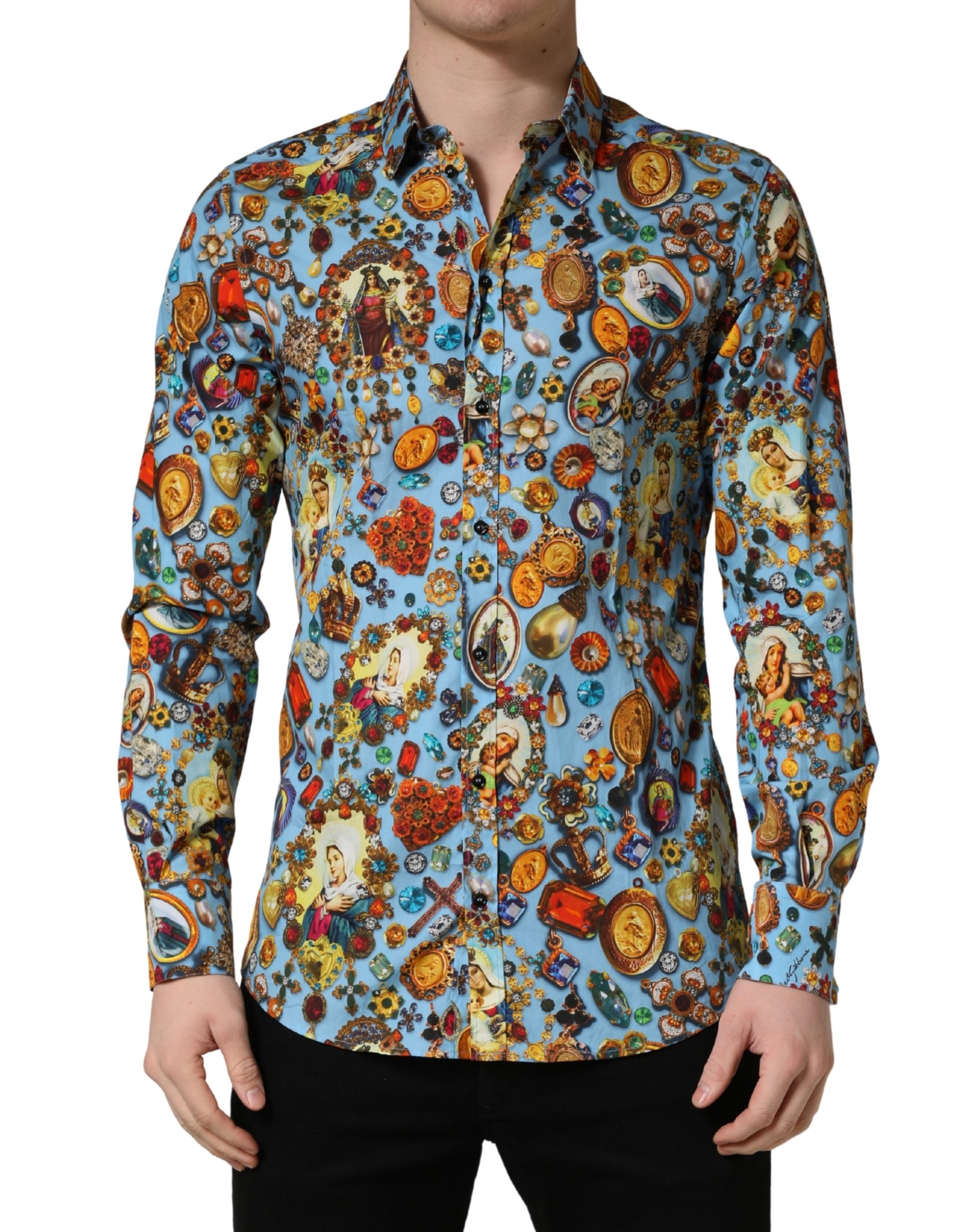 Dolce & Gabbana Blaues Baumwollhemd mit Schmuck-Print und GOLD-Knopfleiste