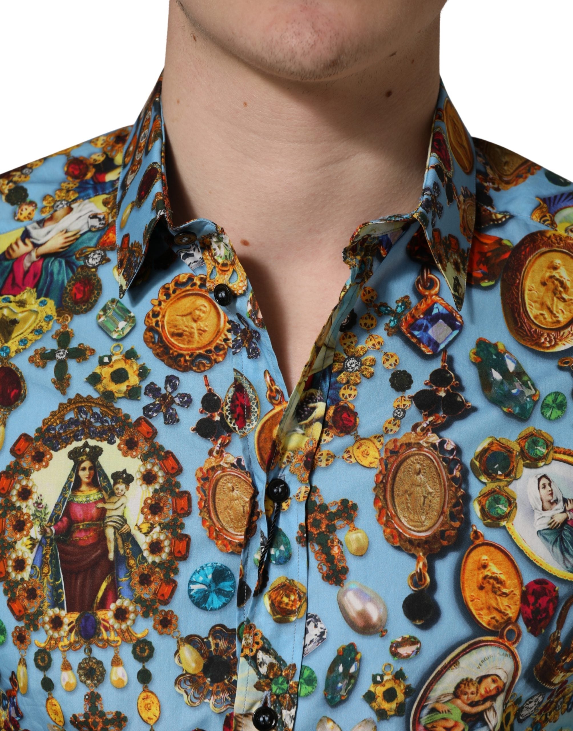 Dolce & Gabbana Blaues Baumwollhemd mit Schmuck-Print und GOLD-Knopfleiste