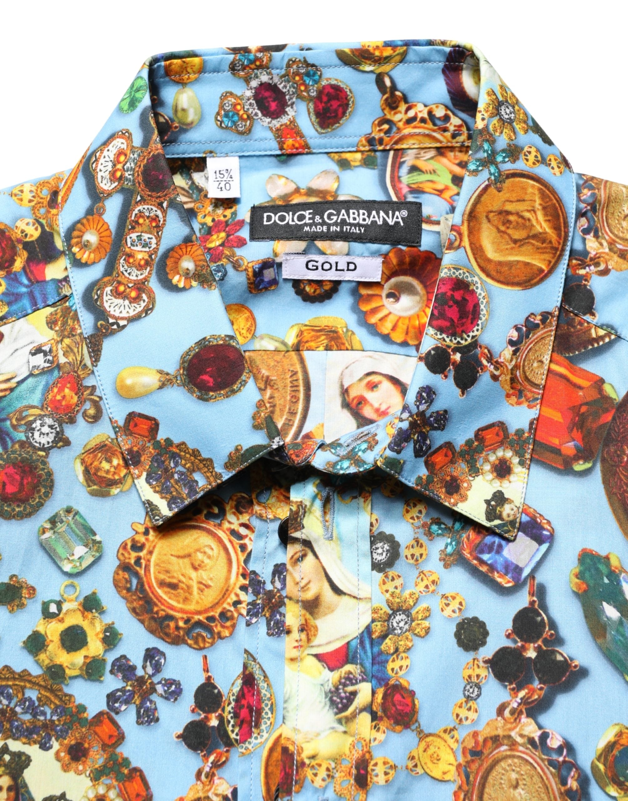 Dolce & Gabbana Blaues Baumwollhemd mit Schmuck-Print und GOLD-Knopfleiste