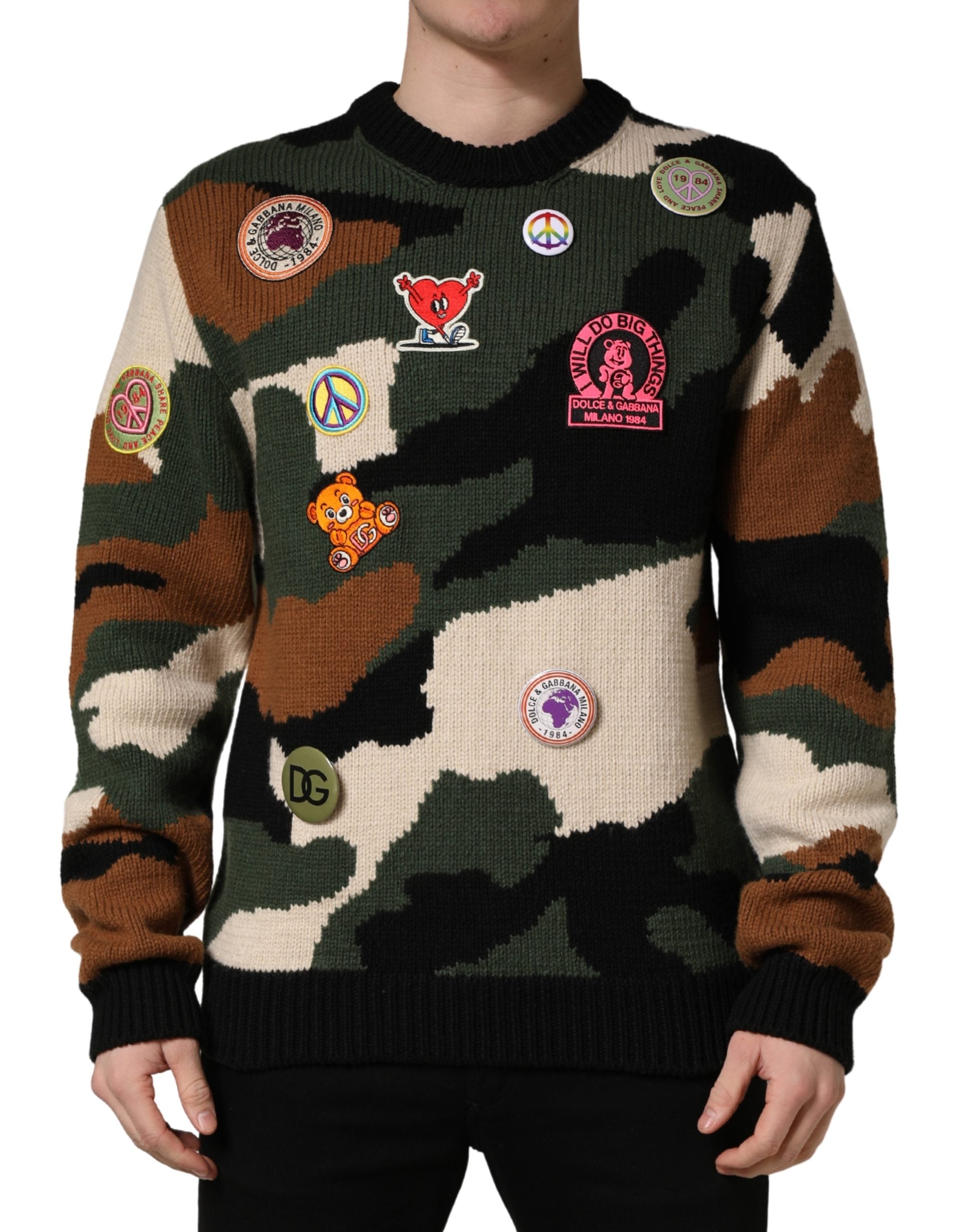 Dolce & Gabbana Pullover-Pullover aus mehrfarbigem Intarsienstrick mit Camouflage-Muster