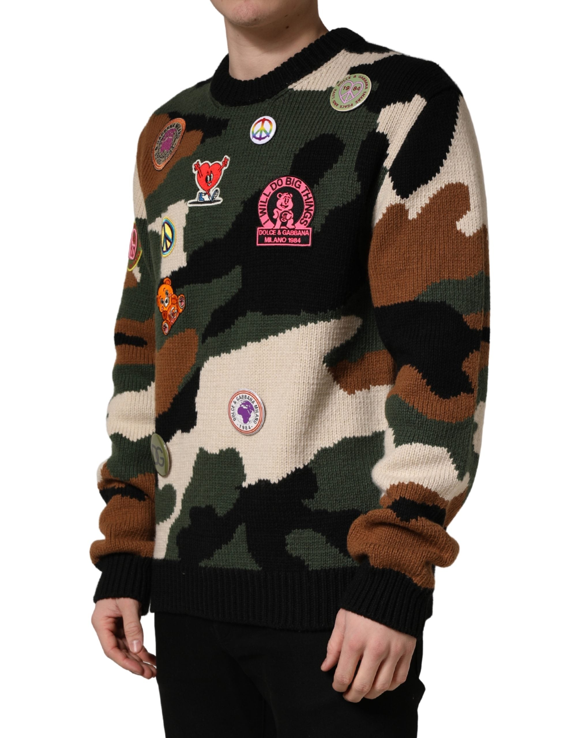 Dolce & Gabbana Pullover-Pullover aus mehrfarbigem Intarsienstrick mit Camouflage-Muster