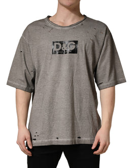 Dolce & Gabbana Graues DG Logo Print Baumwoll-T-Shirt mit Rundhalsausschnitt