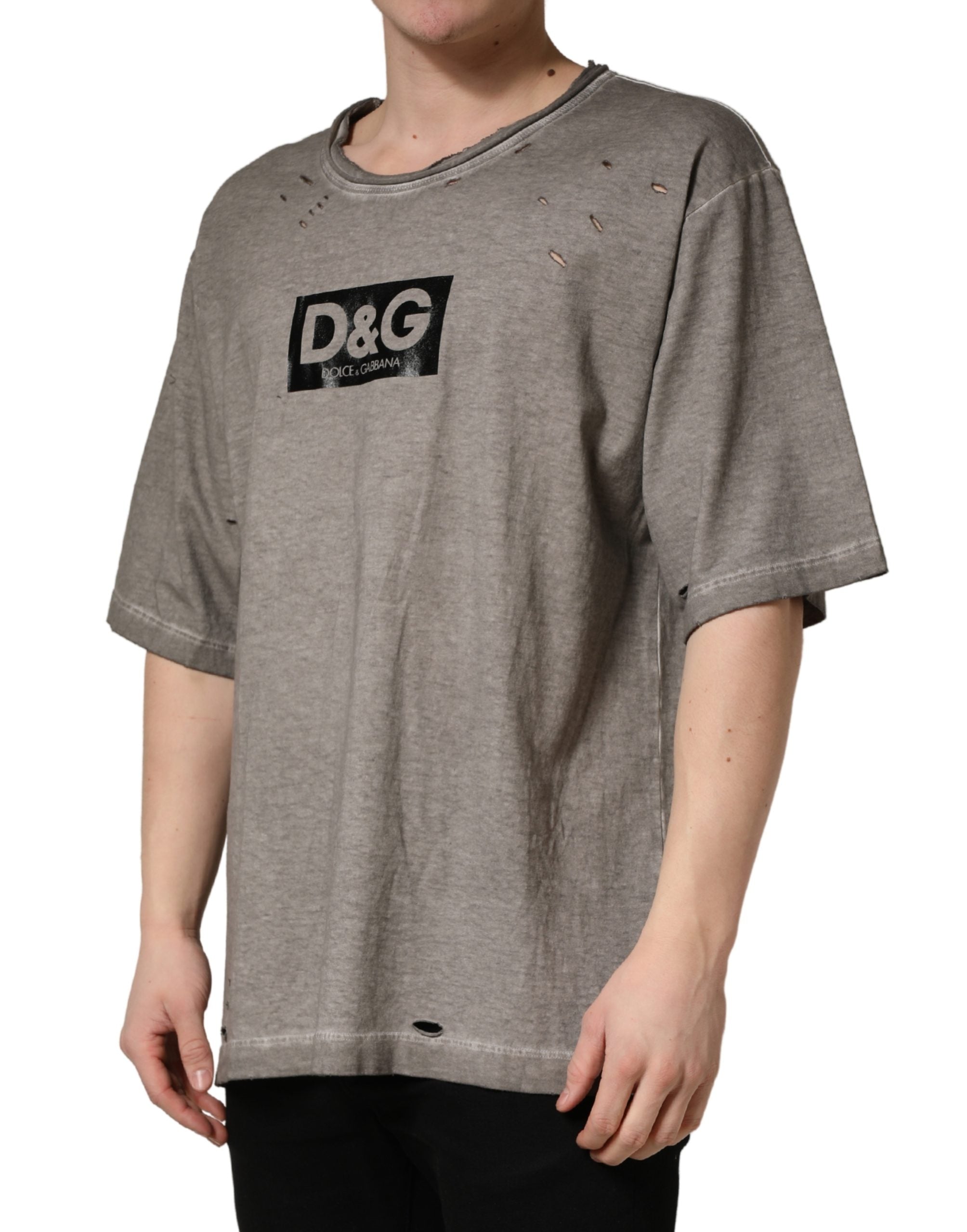 Dolce & Gabbana Graues DG Logo Print Baumwoll-T-Shirt mit Rundhalsausschnitt