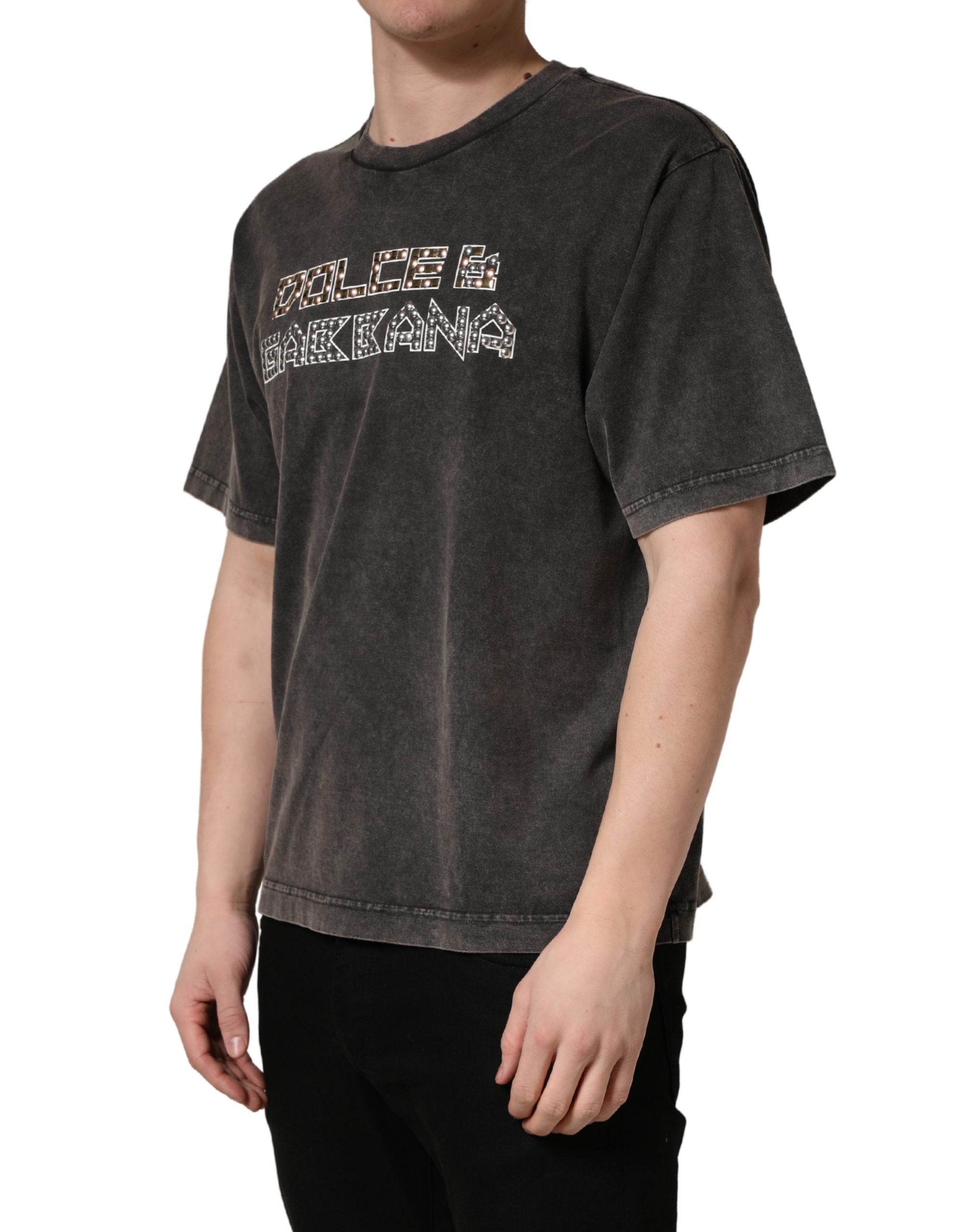 Dolce & Gabbana Graues Herren-T-Shirt mit Logo-Verzierung und Rundhalsausschnitt