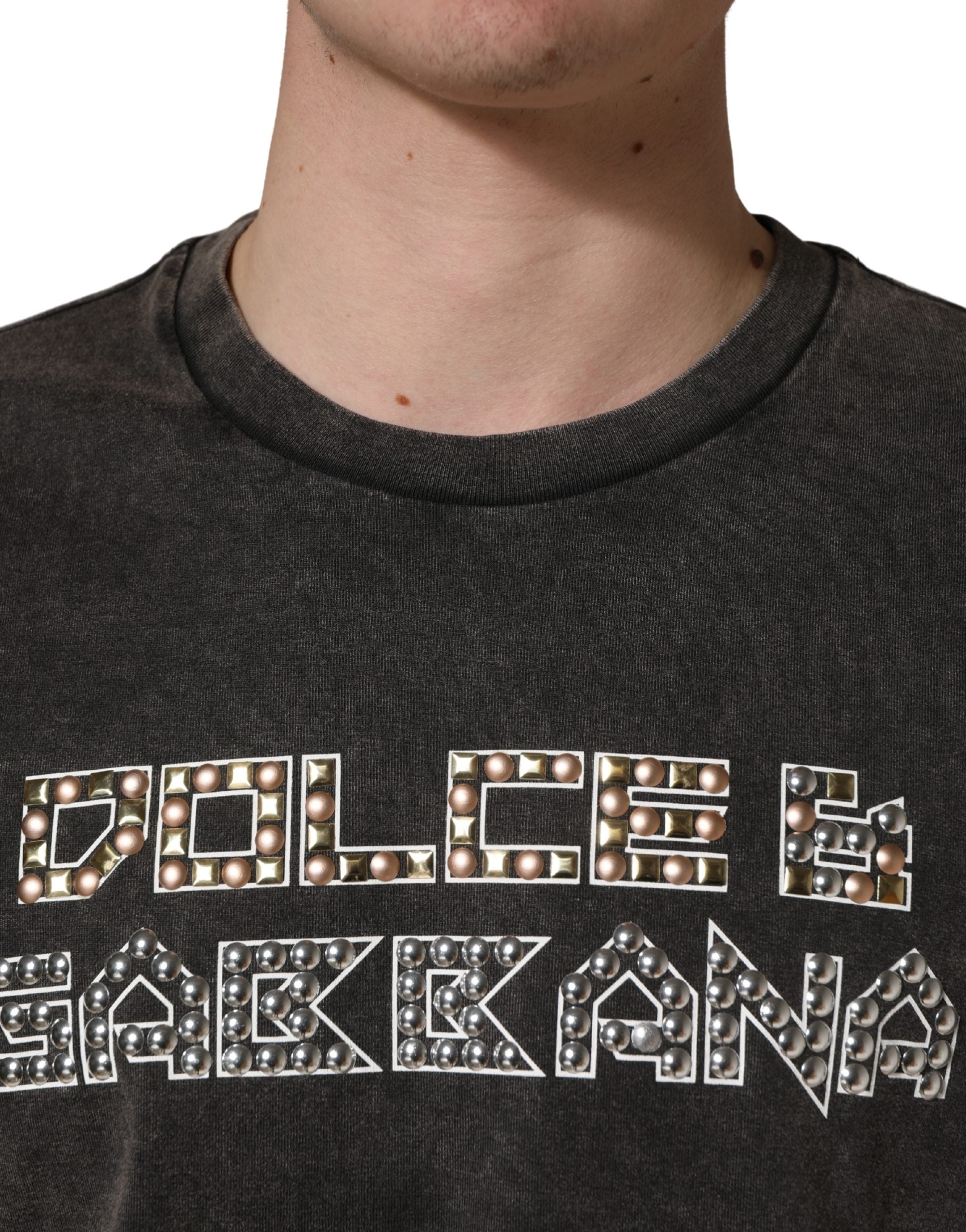 Dolce & Gabbana Graues Herren-T-Shirt mit Logo-Verzierung und Rundhalsausschnitt