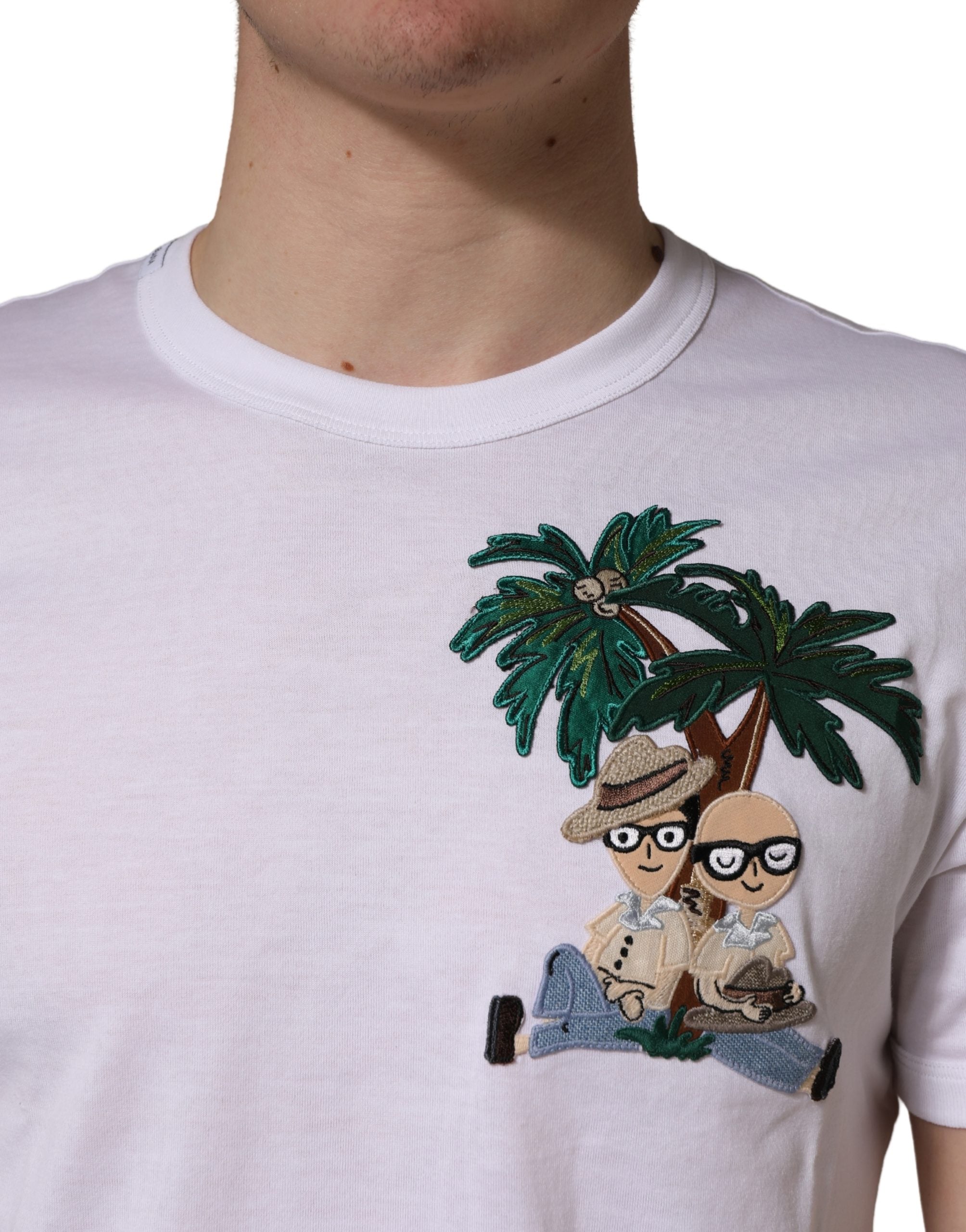 Dolce & Gabbana Weißes T-Shirt mit Palmenstickerei für Herren mit Rundhalsausschnitt