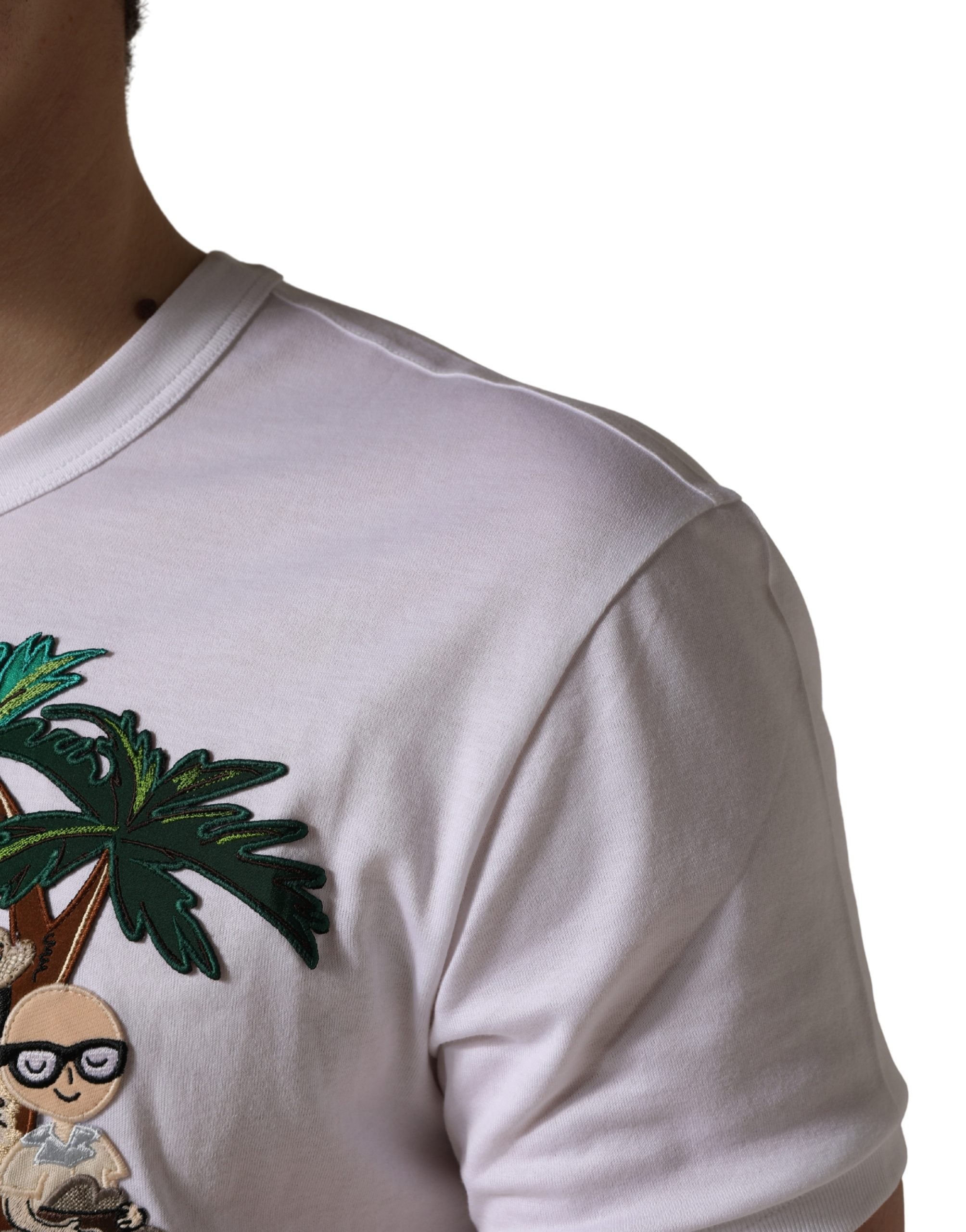 Dolce & Gabbana Weißes T-Shirt mit Palmenstickerei für Herren mit Rundhalsausschnitt