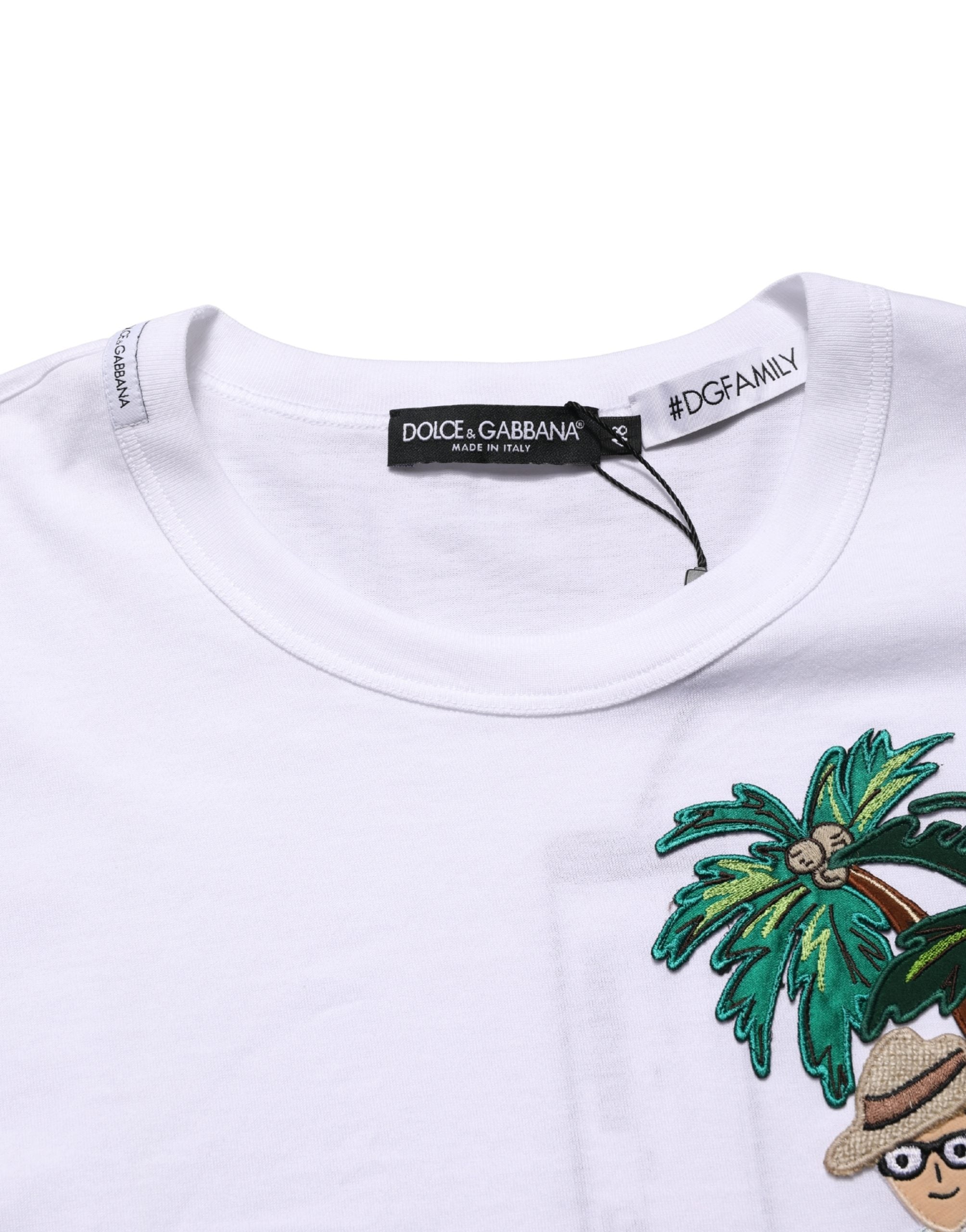Dolce & Gabbana Weißes T-Shirt mit Palmenstickerei für Herren mit Rundhalsausschnitt
