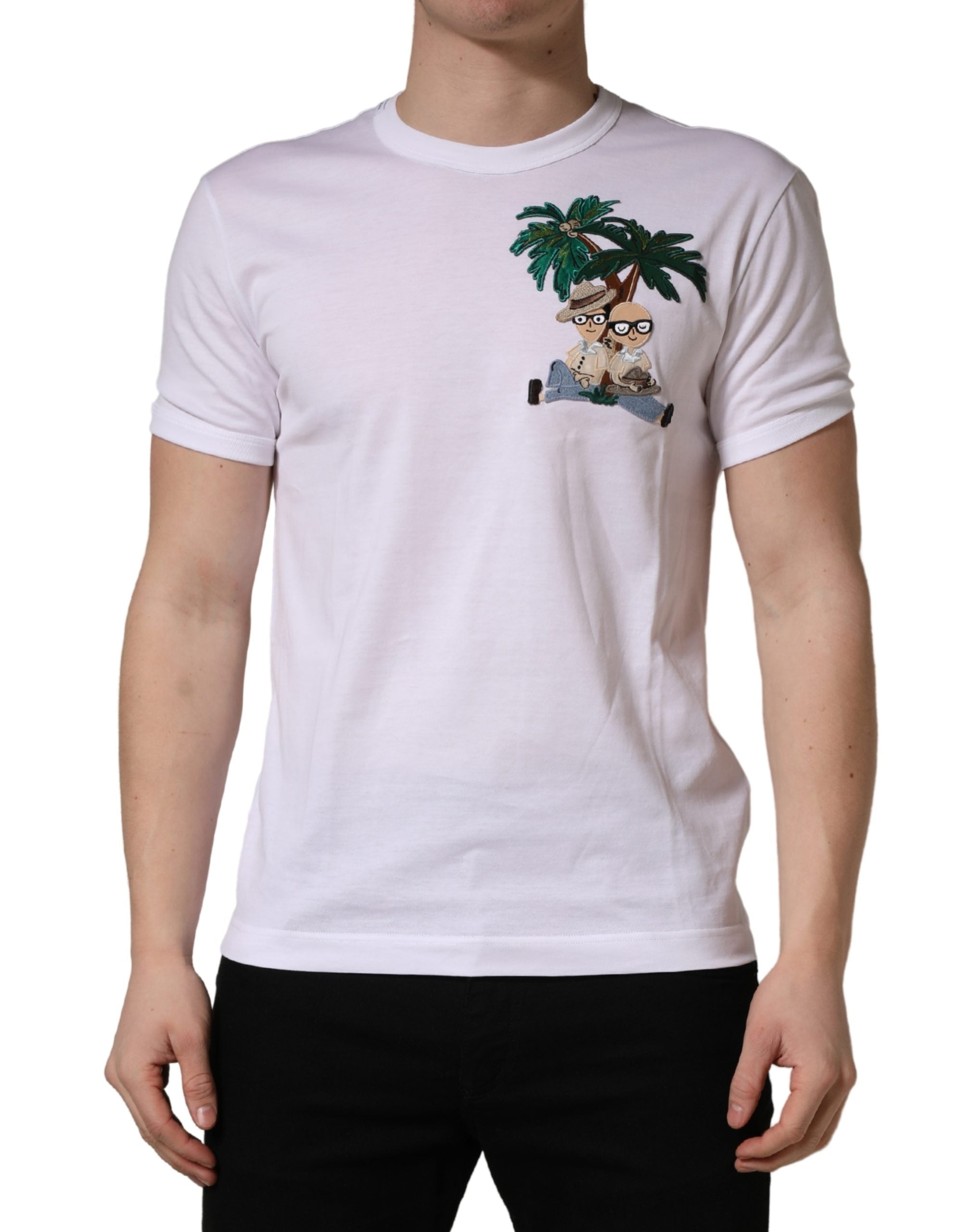 Dolce & Gabbana Weißes T-Shirt mit Palmenstickerei für Herren mit Rundhalsausschnitt