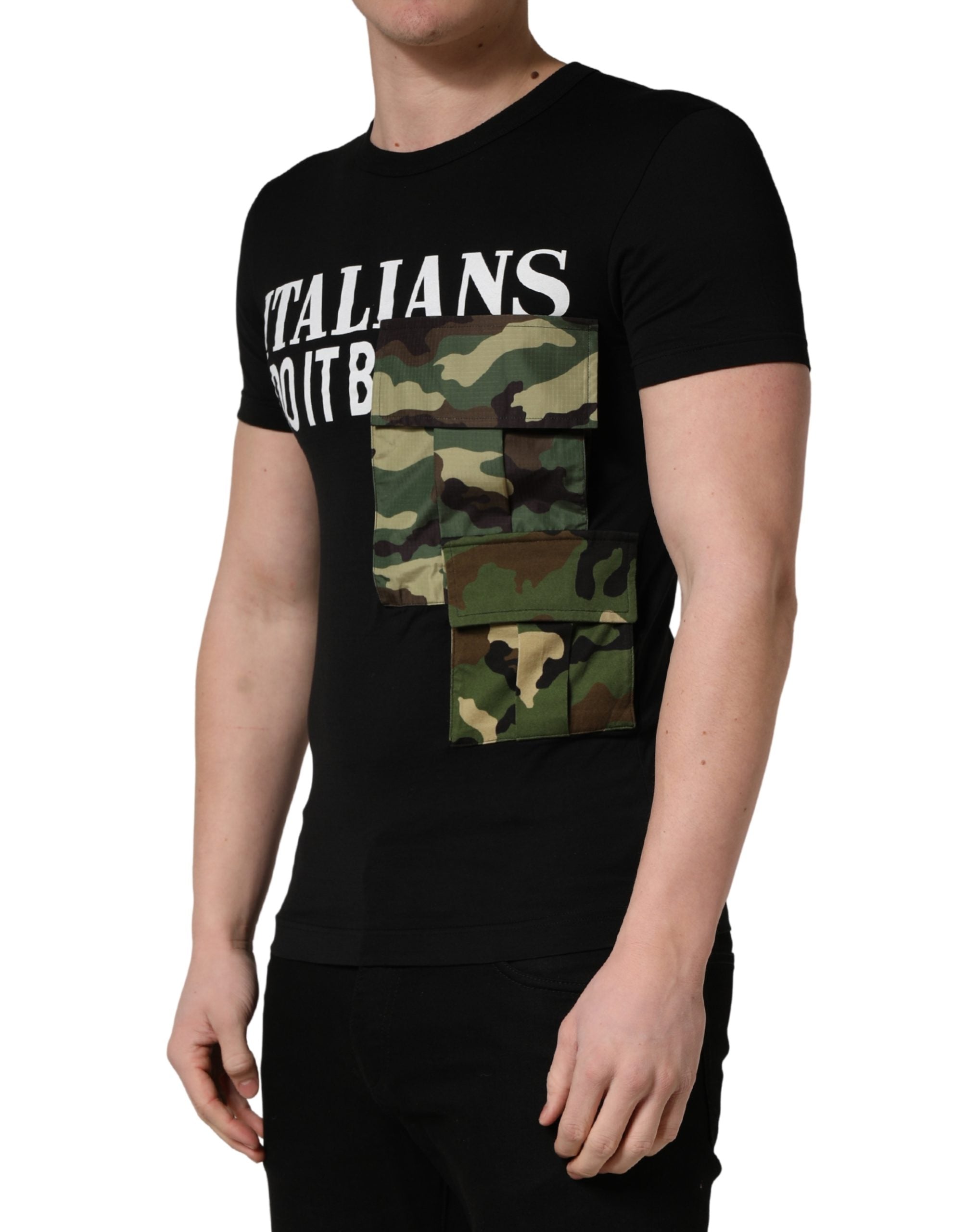 Dolce & Gabbana Schwarzes „Italians Do It Better Camo Pocket“ Herren T-Shirt