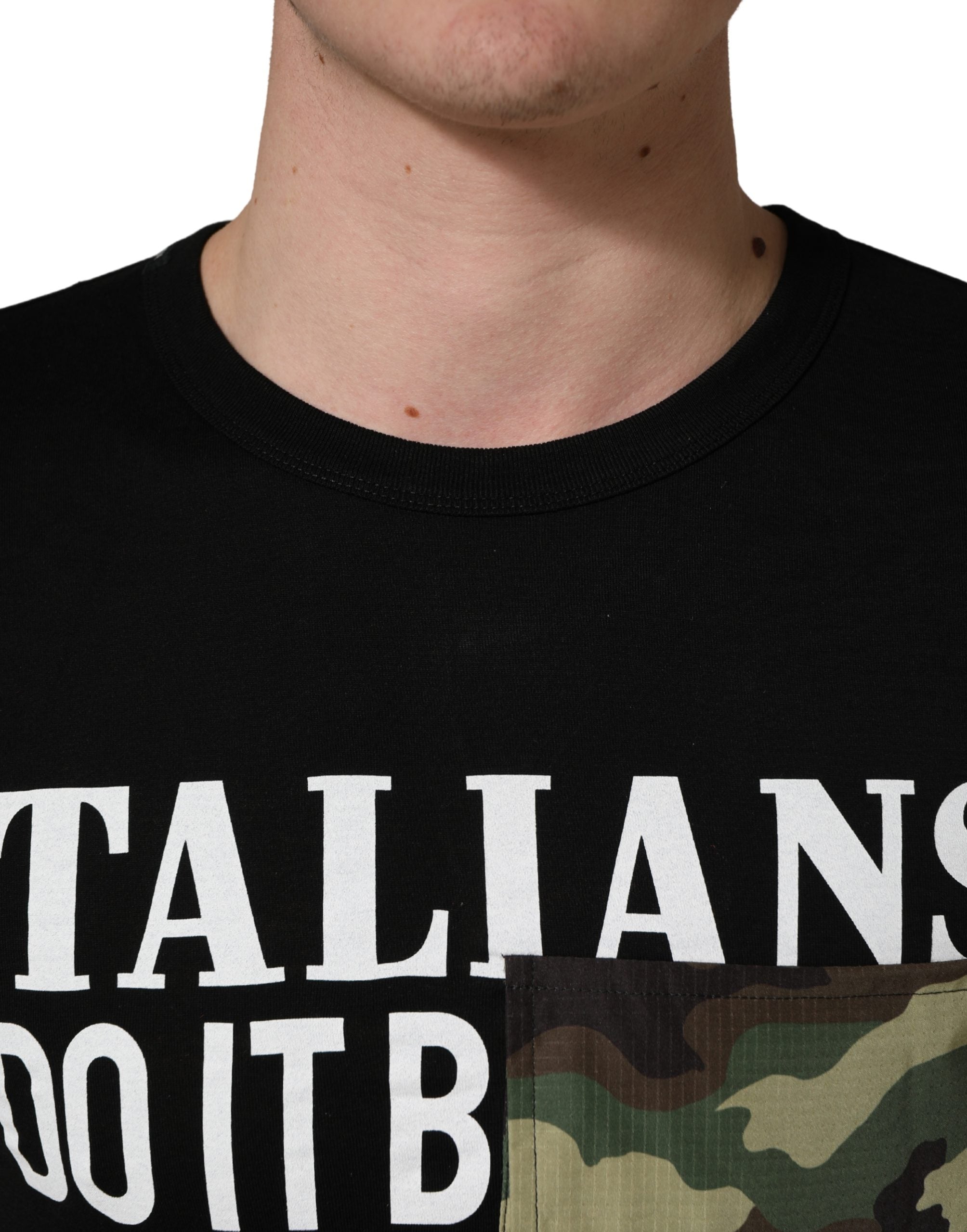 Dolce & Gabbana Schwarzes „Italians Do It Better Camo Pocket“ Herren T-Shirt