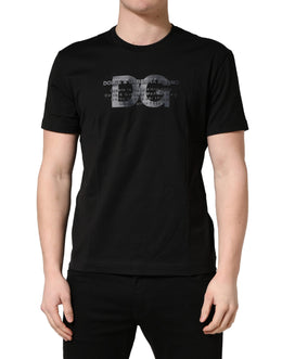 Dolce & Gabbana Schwarzes Baumwoll-T-Shirt mit Rundhalsausschnitt und DG-Logo-Print