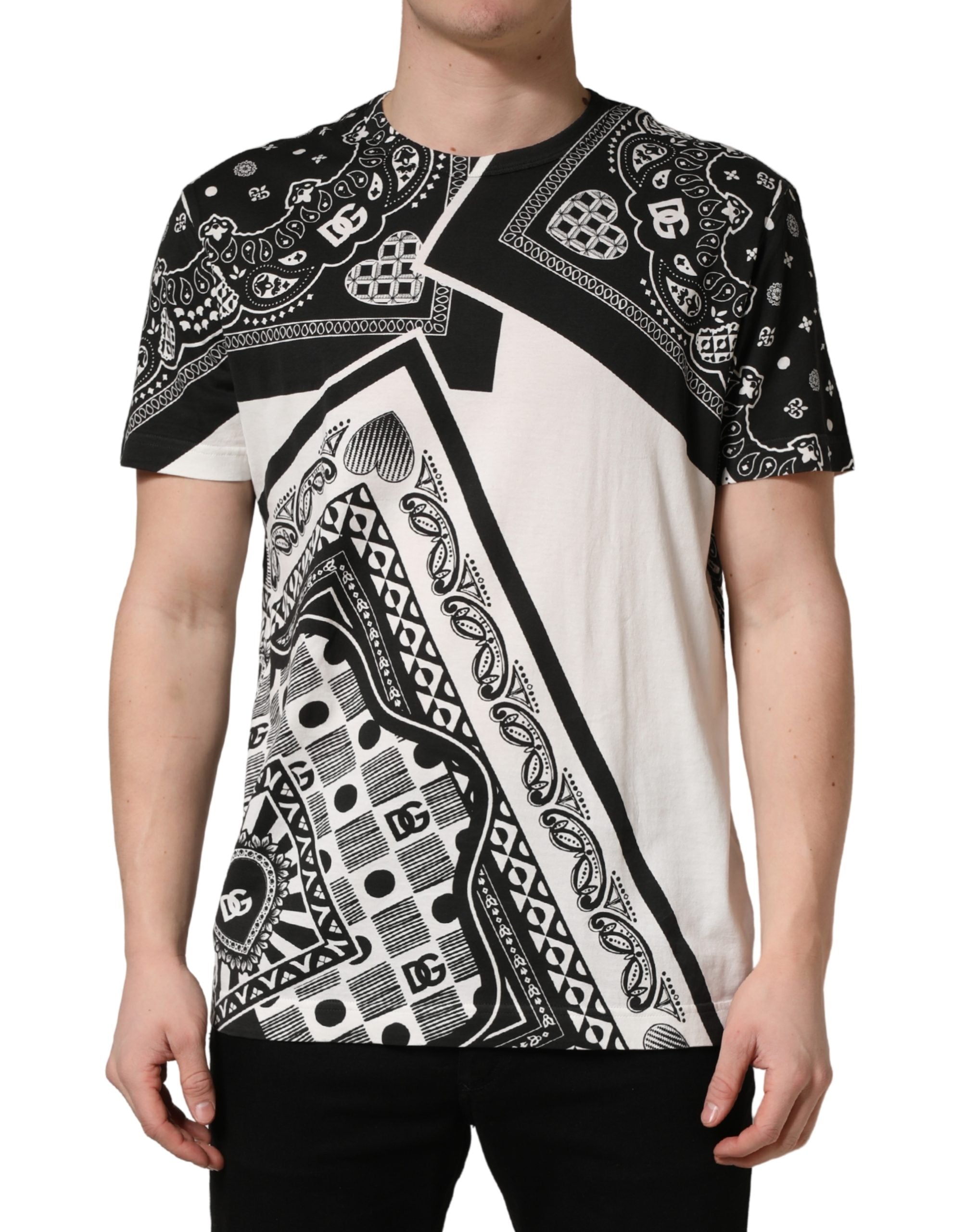 Dolce & Gabbana Schwarzes und weißes Bandana-T-Shirt aus Baumwolle mit Rundhalsausschnitt