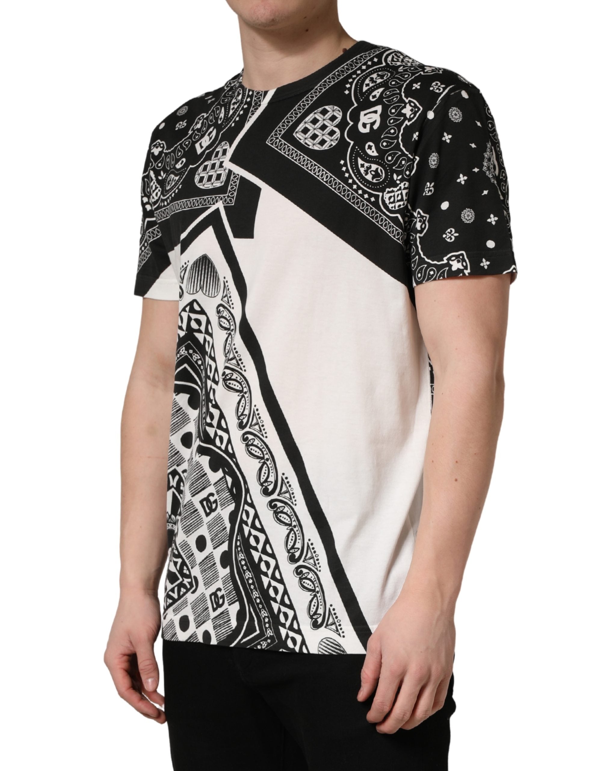 Dolce & Gabbana Schwarzes und weißes Bandana-T-Shirt aus Baumwolle mit Rundhalsausschnitt