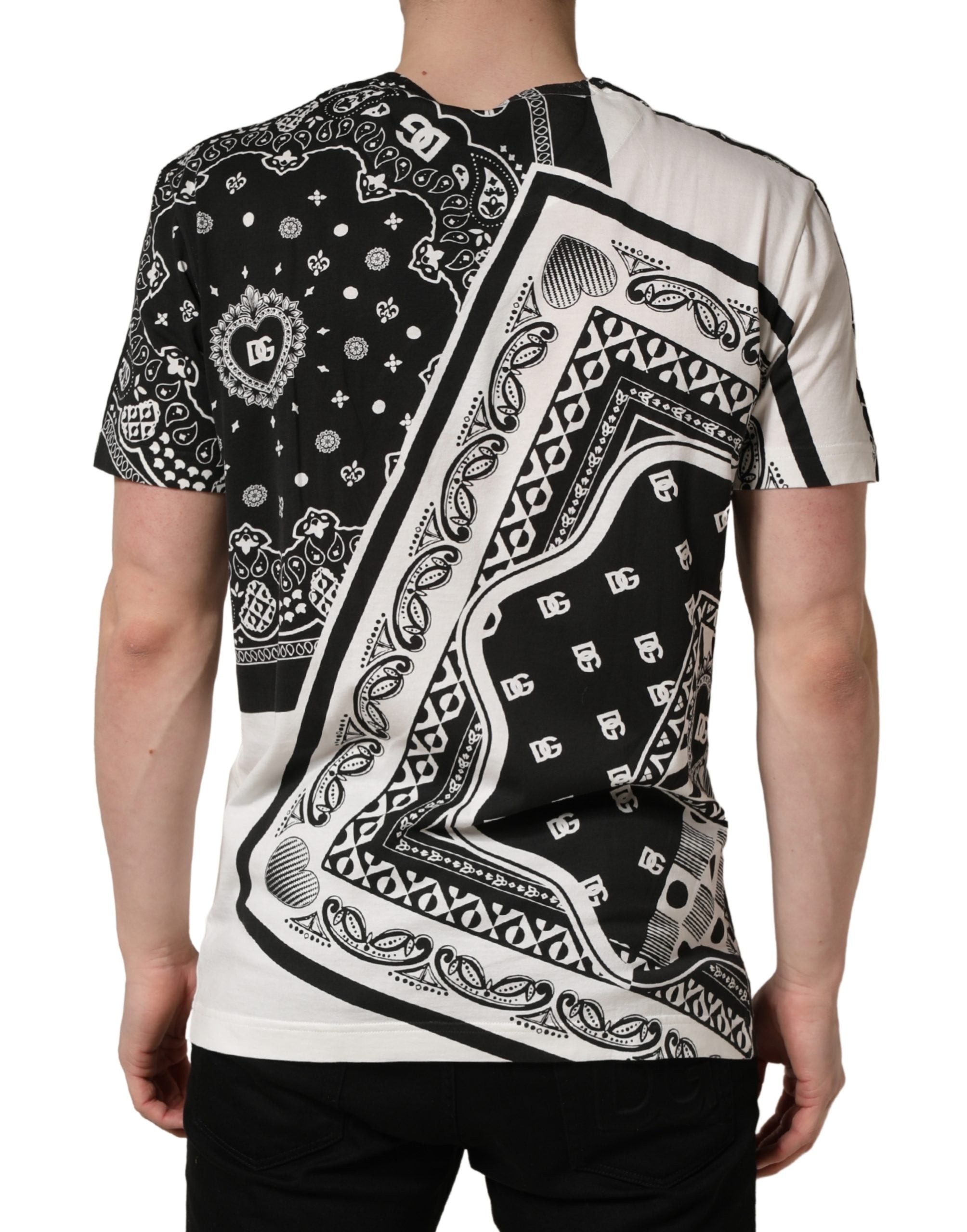 Dolce & Gabbana Schwarzes und weißes Bandana-T-Shirt aus Baumwolle mit Rundhalsausschnitt