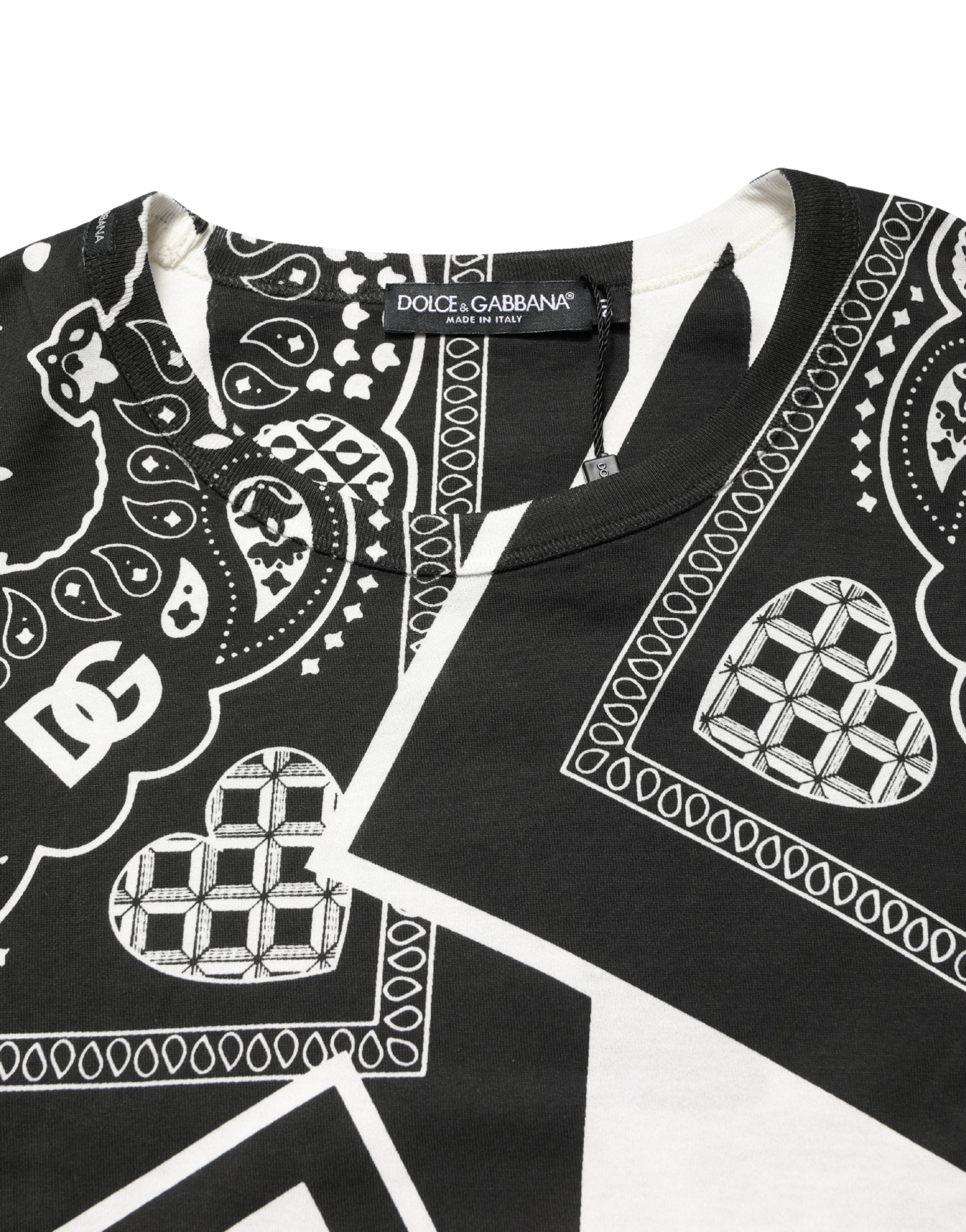 Dolce & Gabbana Schwarzes und weißes Bandana-T-Shirt aus Baumwolle mit Rundhalsausschnitt