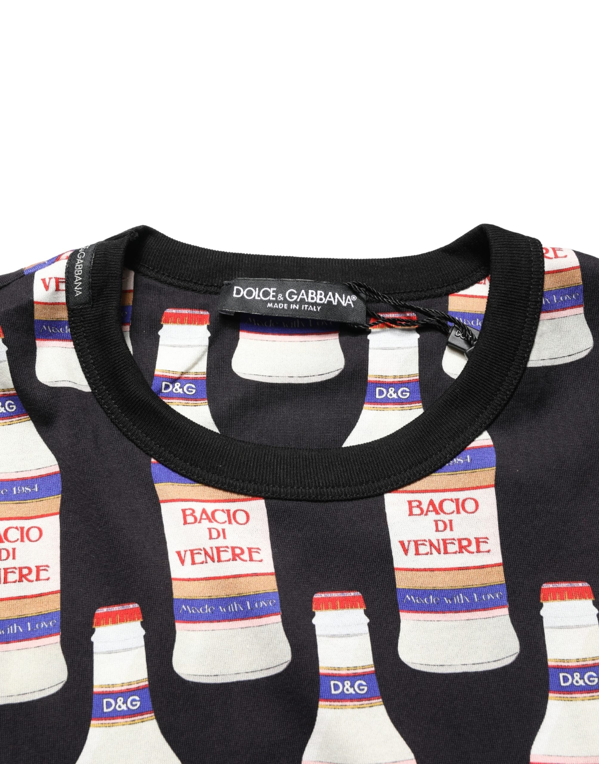 Dolce & Gabbana Schwarzes T-Shirt aus Baumwolle mit Rundhalsausschnitt und Flaschen-Print