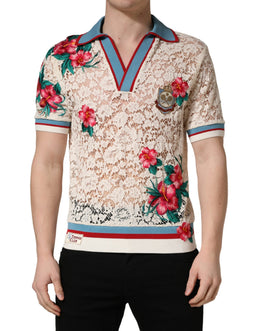 Dolce & Gabbana Beige Floral Tennis Club Spitzen-Poloshirt