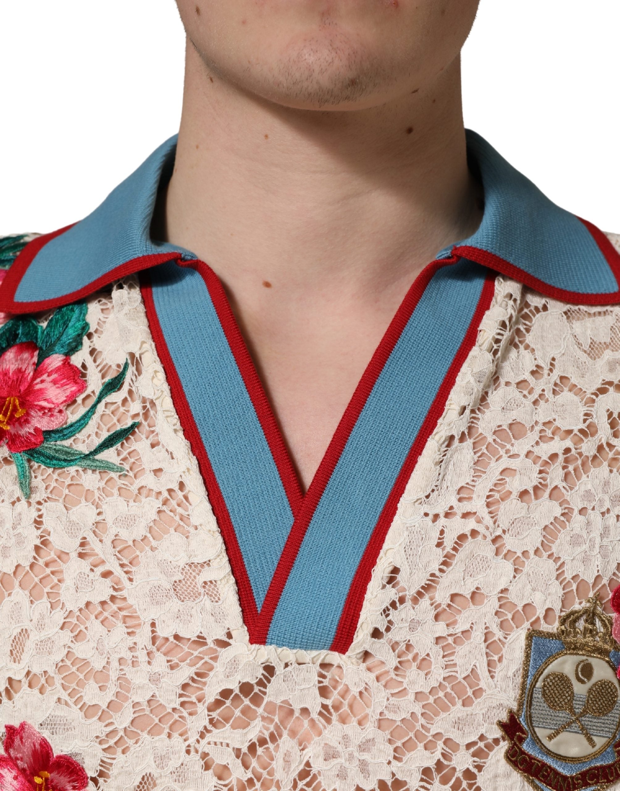 Dolce & Gabbana Beige Floral Tennis Club Spitzen-Poloshirt