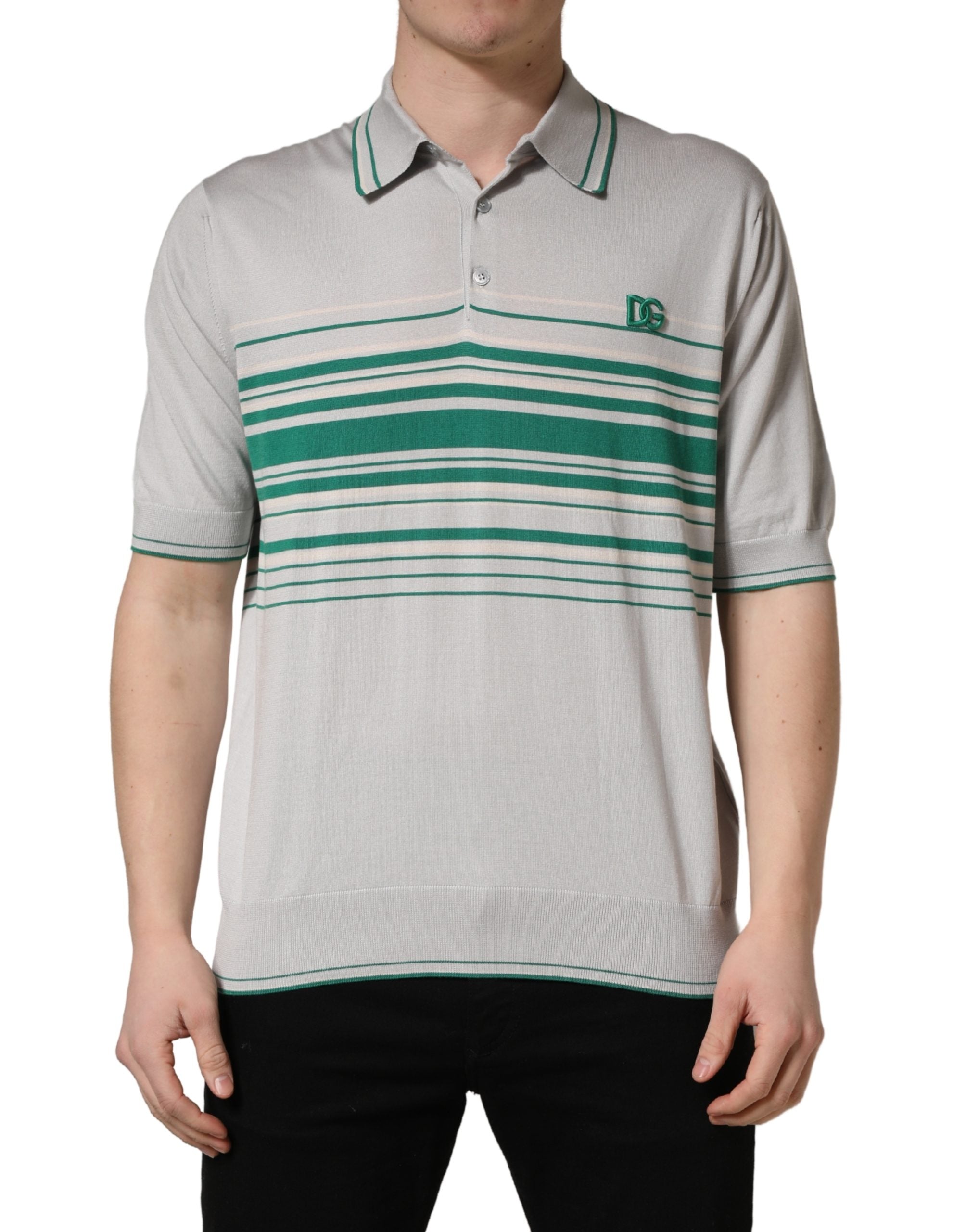 Dolce & Gabbana Grau-grün gestreiftes Logo-Polo-Shirt aus Seide