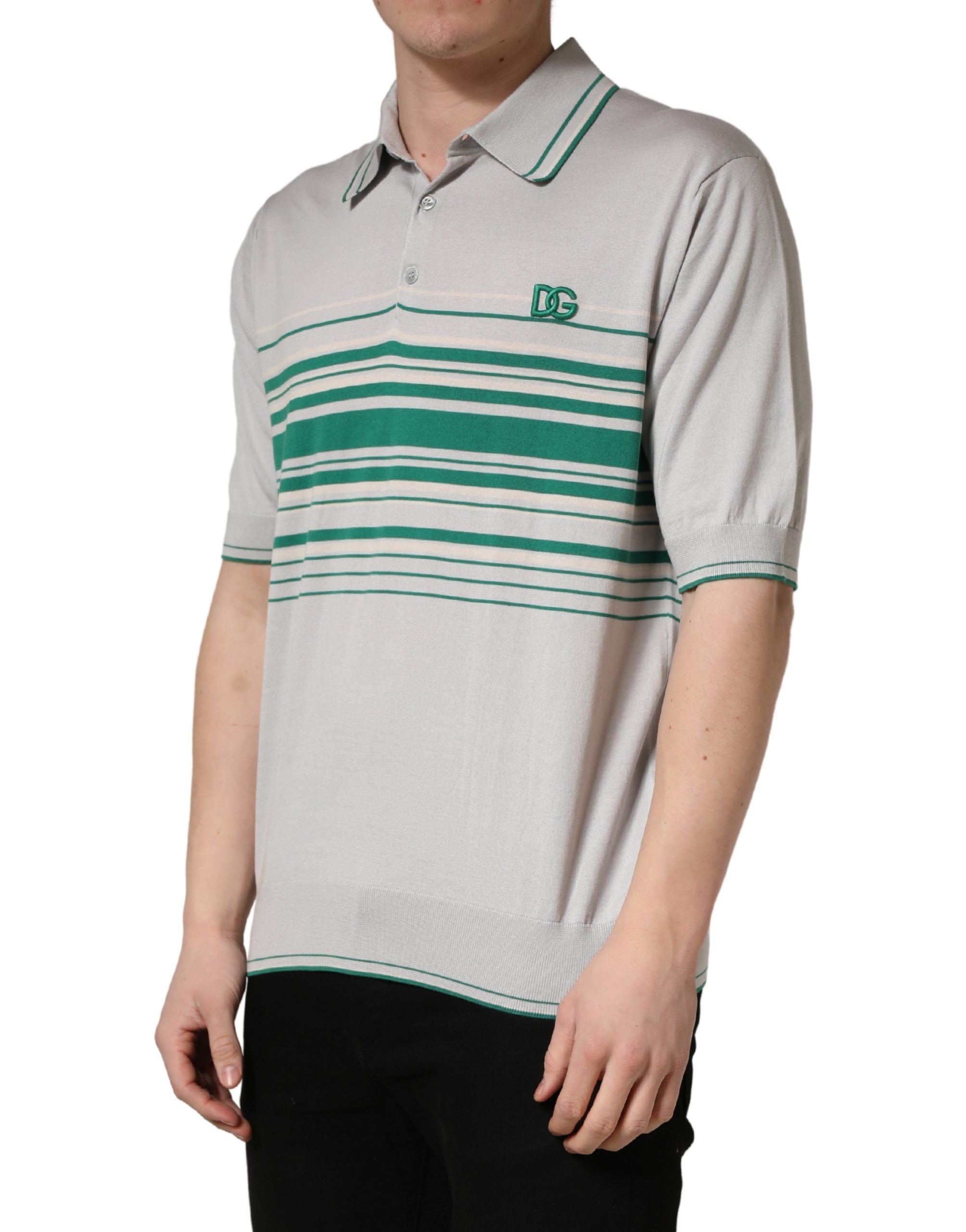 Dolce & Gabbana Grau-grün gestreiftes Logo-Polo-Shirt aus Seide