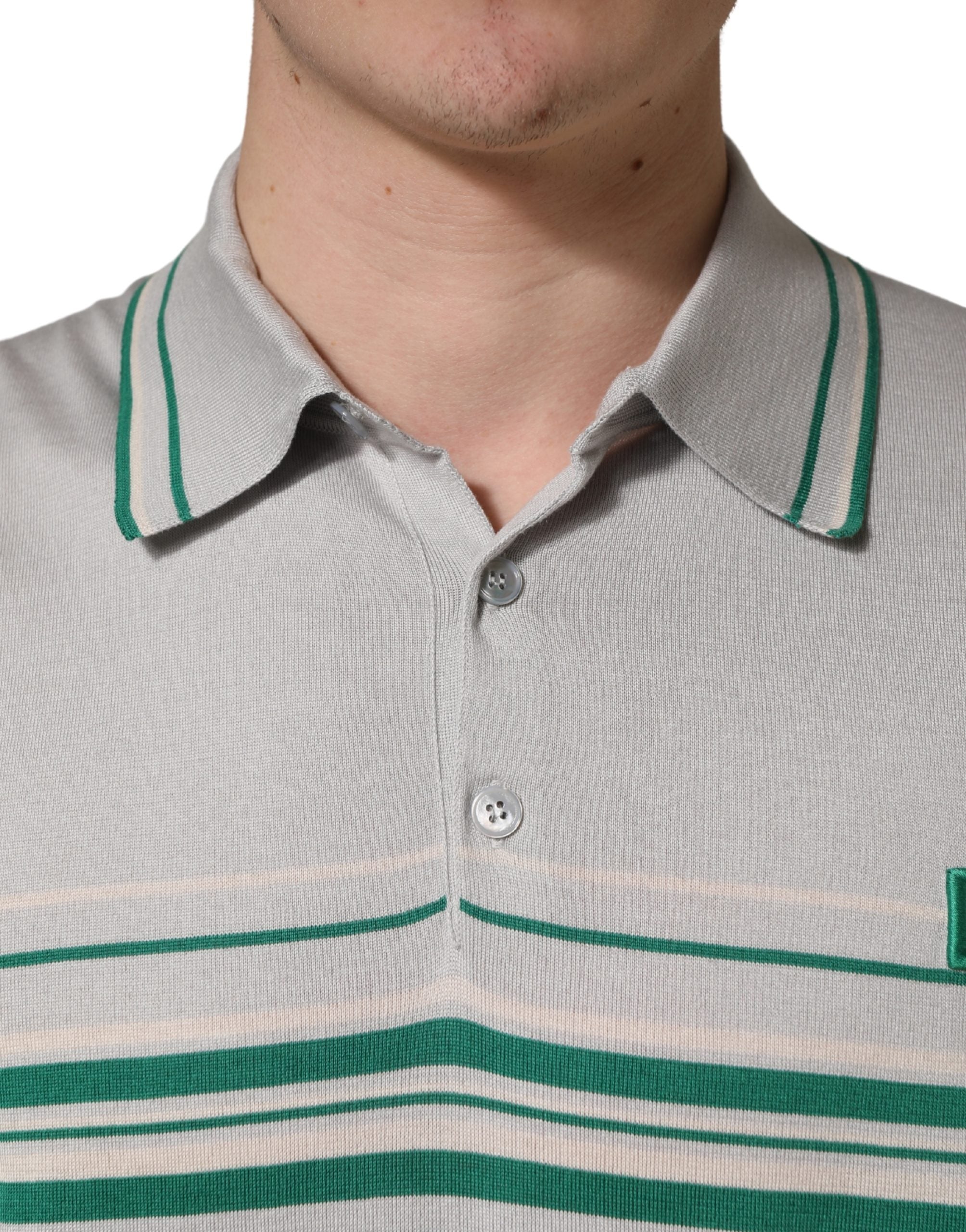 Dolce & Gabbana Grau-grün gestreiftes Logo-Polo-Shirt aus Seide